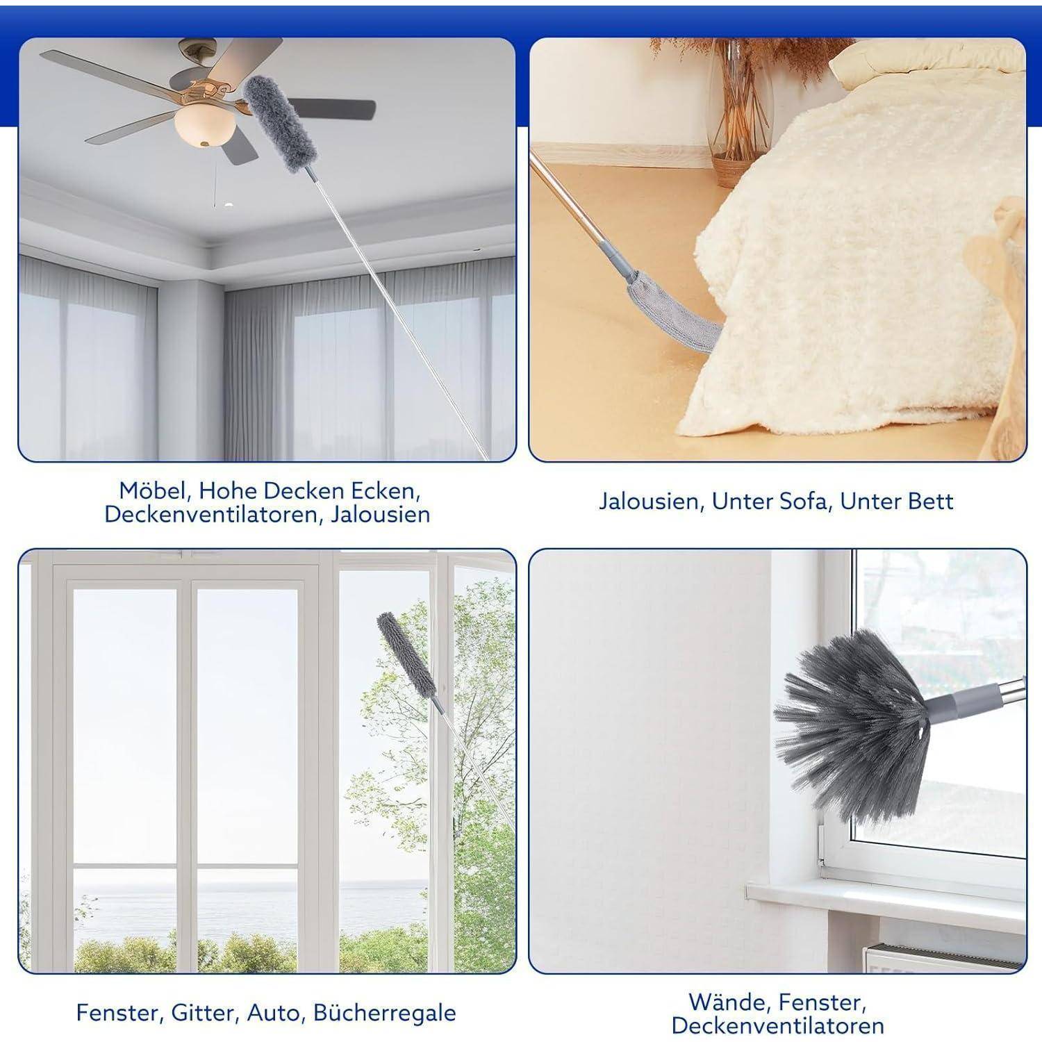Vier Bilder, die einen grauen Reinigungsstaubtuch zeigen, der an einer Deckenlampe, unter Möbeln, an einem Fenster und auf einem hohen Fenstergesims verwendet wird.