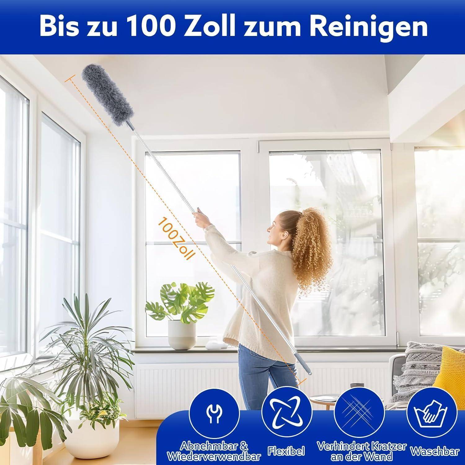 Eine Person verwendet einen ausziehbaren Staubwedel, um hohe Fenster zu reinigen. Text darüber liest sich: 