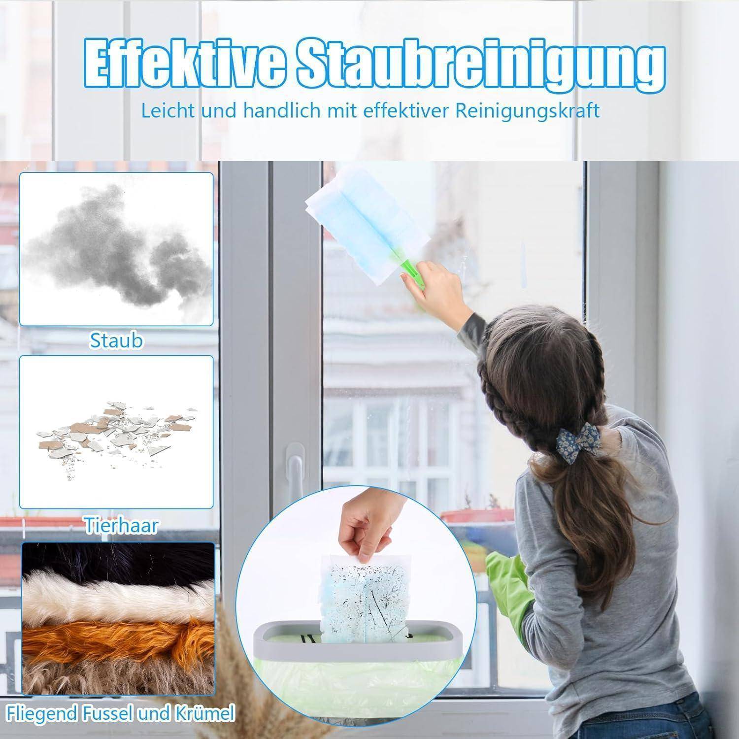Eine Person reinigt ein Fenster mit einem blauen Staubtuch. Einschübe zeigen Bilder von Staub, Tierhaaren und Krümeln und verdeutlichen damit die Reinigungseffektivität.