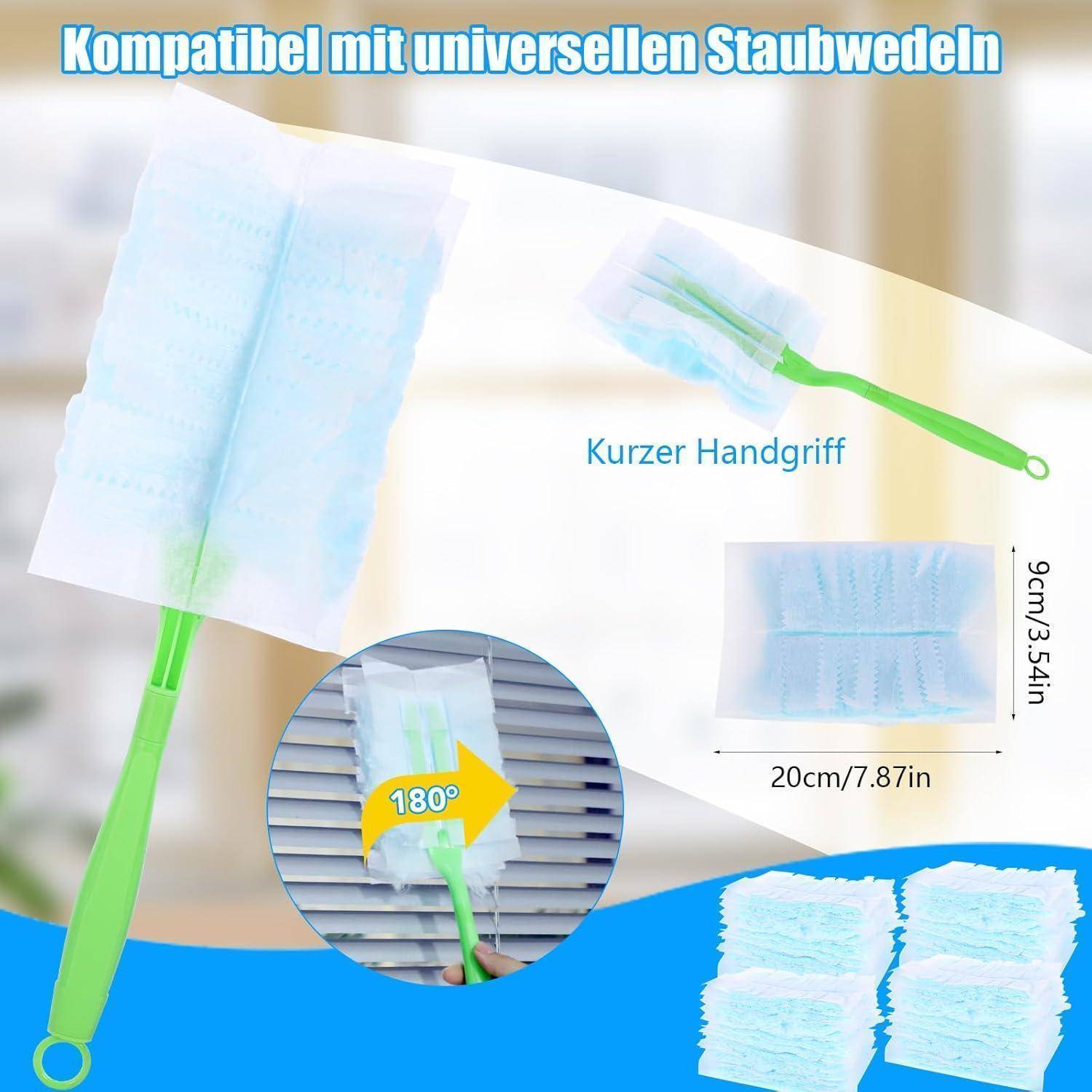 Ein Reinigungsduster mit einem grünen Griff, beschriftet mit 'Kurzer Handgriff'. Er verfügt über einen blauen, um 180 Grad drehbaren Kopf. Abmessungen: 20 cm x 9 cm.