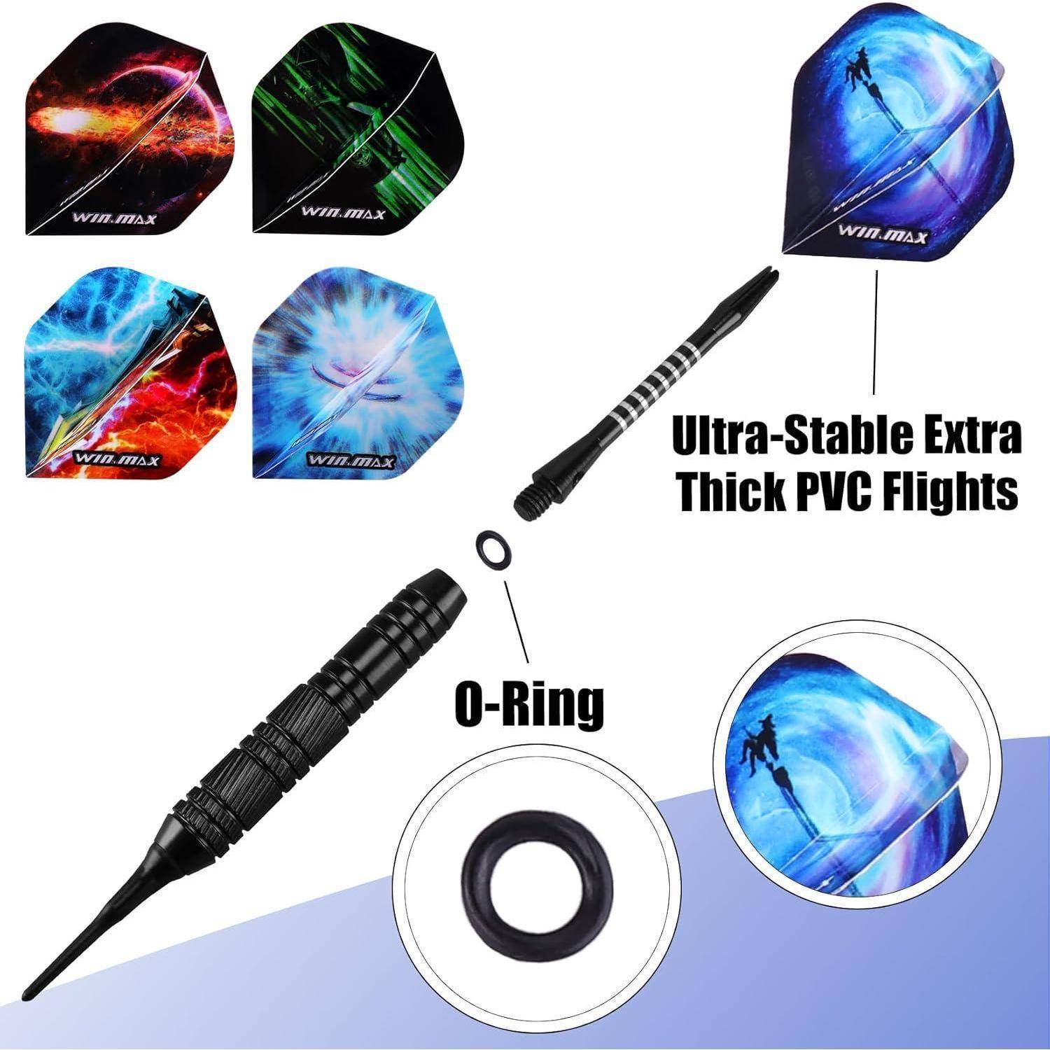 Dart-Set mit ultrastabilen extra dicken PVC-Flügeln in verschiedenen Farben, einem schwarzen Dartschaft und einem O-Ring. Ideal für stabile Würfe.