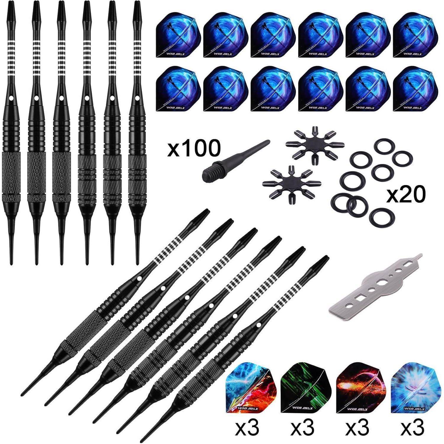 Dartset mit 12 schwarzen Pfeilen, auswechselbaren Flights, O-Ringen, Flightschützern und Stahlspitzen, nebeneinander angeordnet.