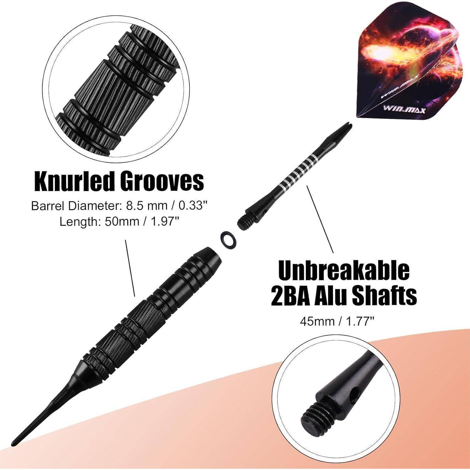 Dart-Set mit gerillten Rillen, Barrelduchmesser von 8,5 mm, Länge 50 mm, unzerbrechliche 2BA-Aluminiumschäfte und markierten Flights.