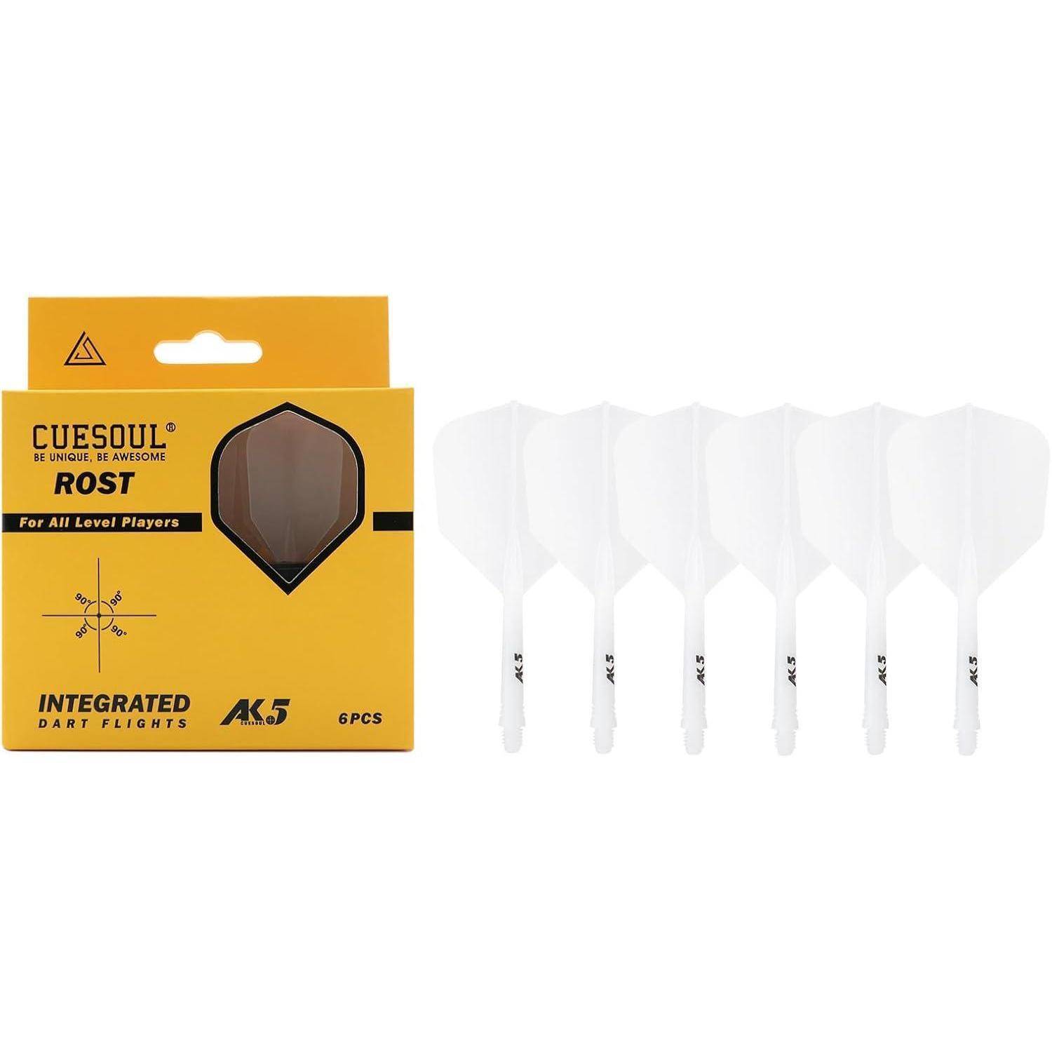 Packung mit weißen Dart-Flights, gekennzeichnet als 'CUESOUL ROST Integrierte Dart-Flights', geeignet für Spieler aller Leistungsstufen, enthält 6 Stück.