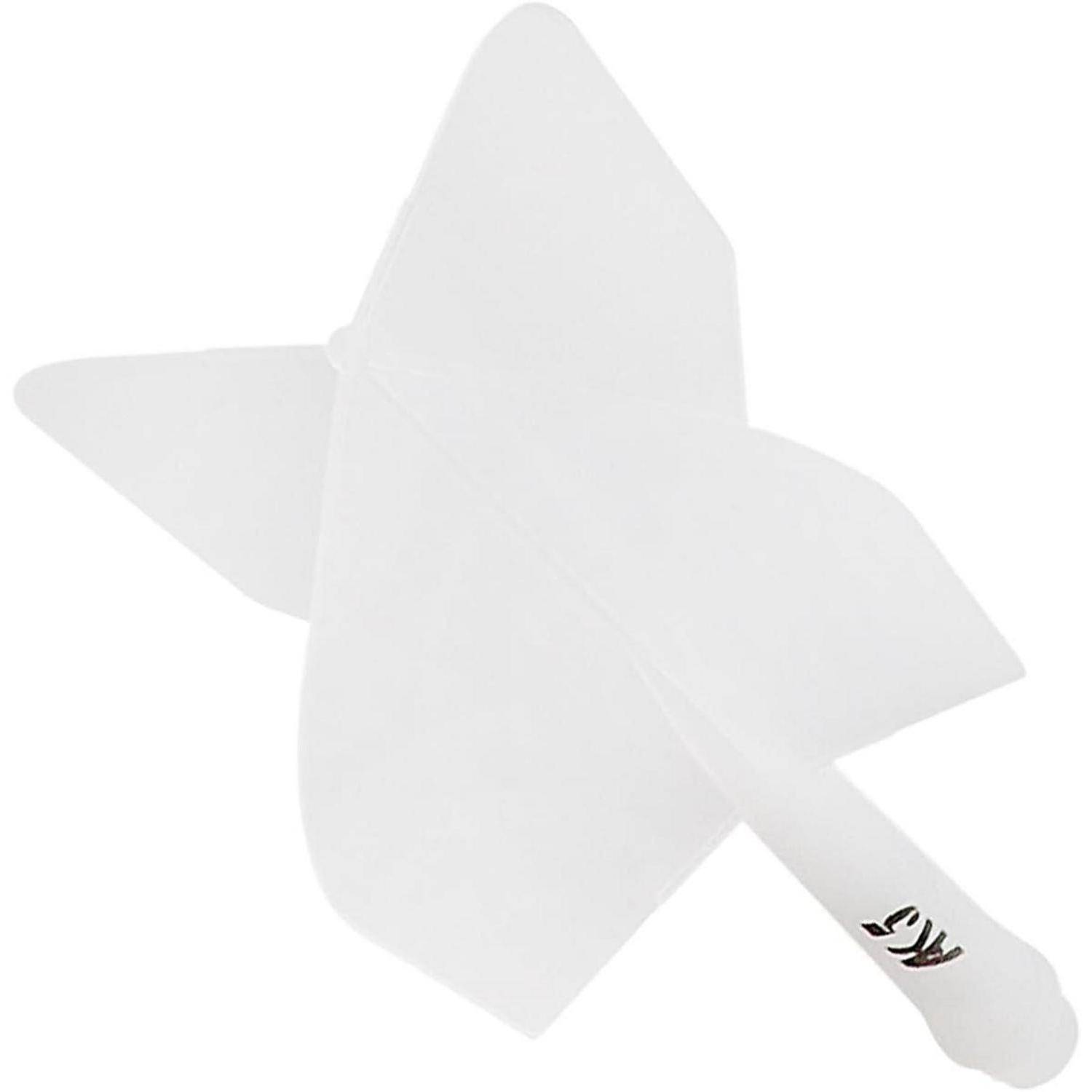 Ein weißer, Plastik-Stern-förmiger Ventilator mit einem Logo in der Nähe des Griffes.