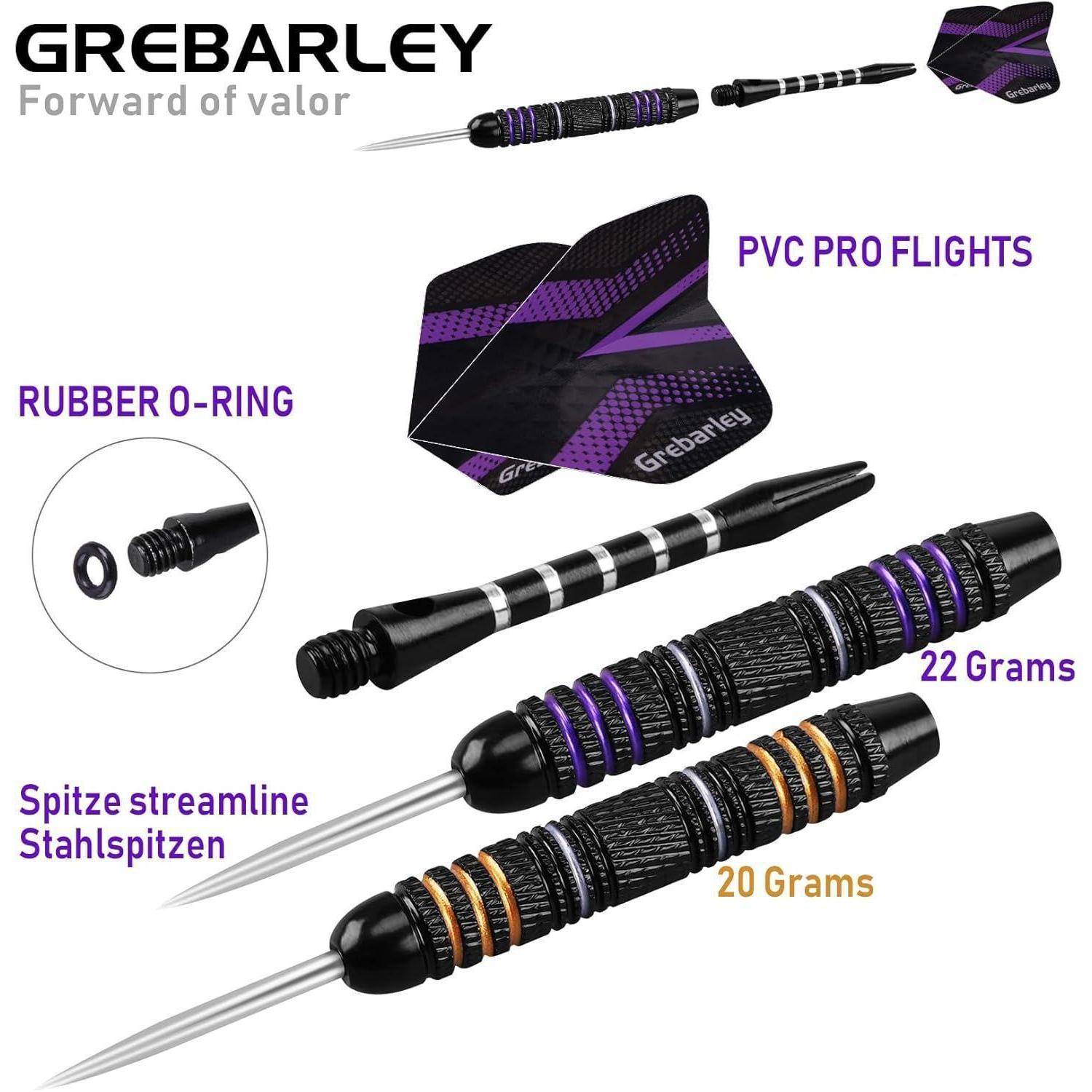 Dartset mit zwei Modellen: eines mit violetten PVC-Profi-Flights, wiegt 22 Gramm, und eines mit orangefarbenen Details, wiegt 20 Gramm. Ausgestattet mit Gummi-O-Ring und stromlinienförmigen Stahlspitzen.