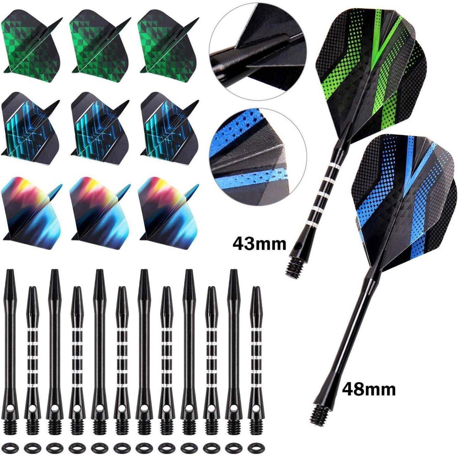 Vielfalt an Dartpfeilflügel-Formen und -Farben, mit Präzisionsschäften, die 43 mm und 48 mm Längen umfassen, mit detaillierten Nahaufnahmen präsentiert.