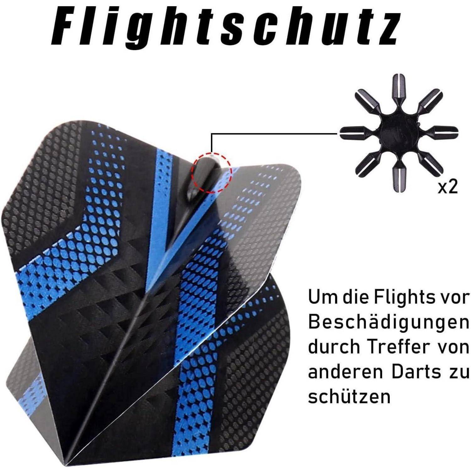 Flugschützer für Dartpfeile zeigt einen schwarzen und blauen Dartflügel mit hervorgehobenem Schutz zur Steigerung der Haltbarkeit. Deutsche Beschriftung erklärt die Verwendung.