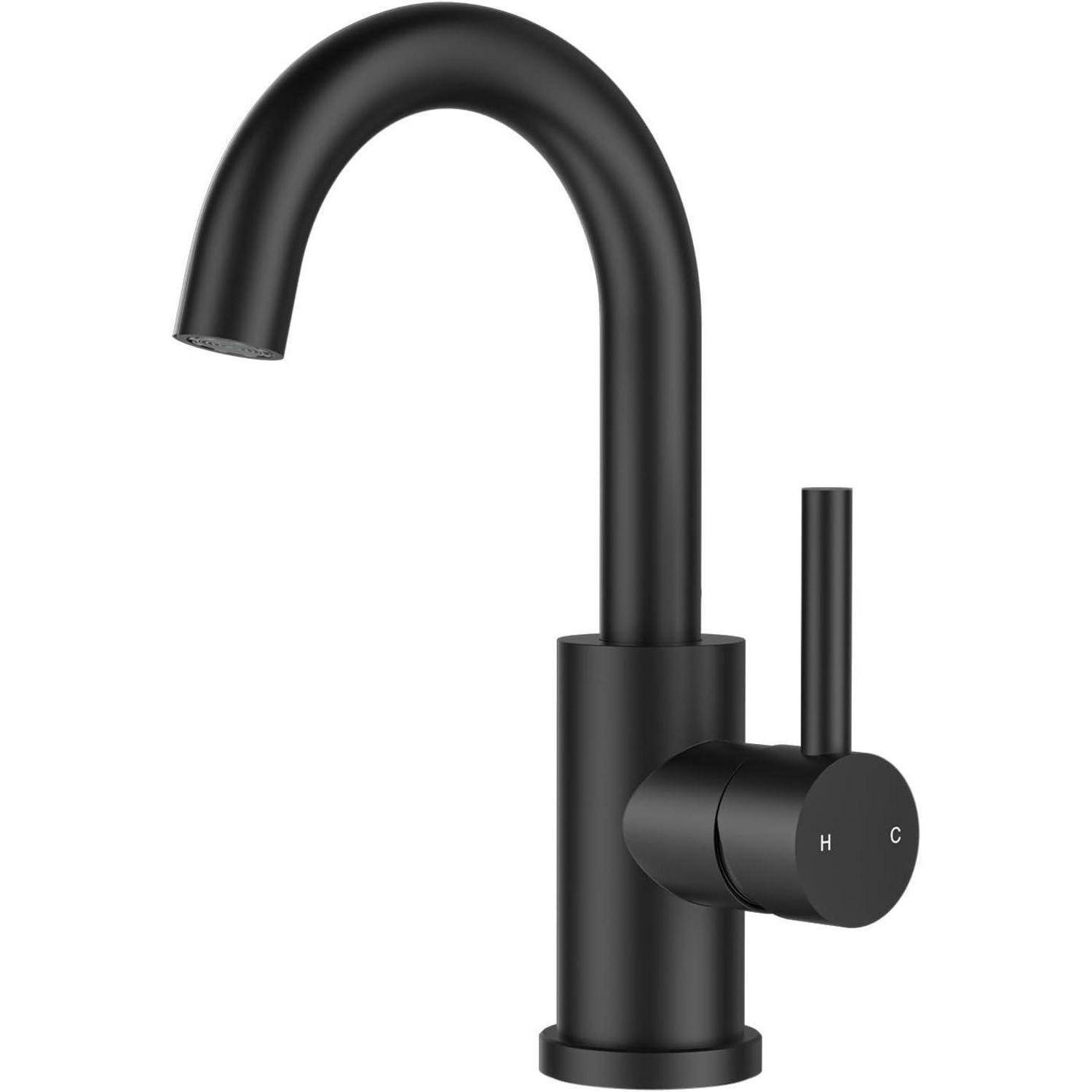 Ein schlanker schwarzer Wasserhahn mit einem geschwungenen Auslauf und einem einzelnen Hebel, der mit 'H' und 'C' für heiß und kalt gekennzeichnet ist.