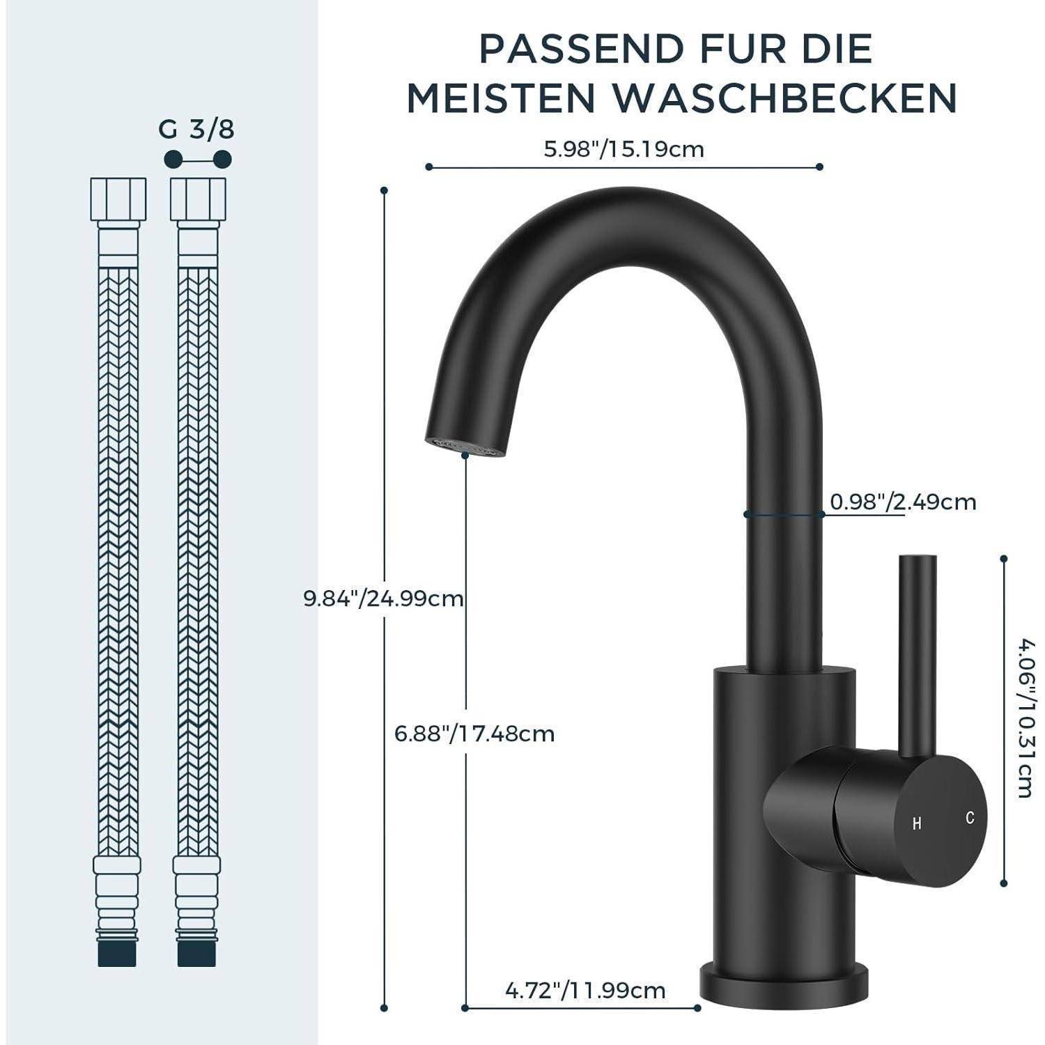 Schwarzer Wasserhahn mit geschwungenem Auslauf, Abmessungen beschriftet. Passt zu den meisten Waschbecken. G 3/8 Anschlüsse. Griff mit 'H' (heiß) und 'C' (kalt) beschriftet.
