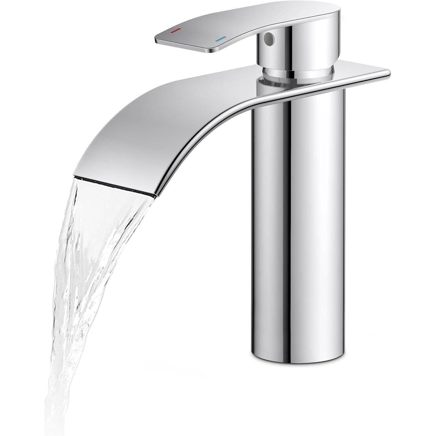 Moderner Chrom-Wasserhahn mit einer schlanken, geschwungenen Auslauf, der Wasser in einem weichen Bogen ausgießt. Der Griff ist vertikal auf dem Auslauf positioniert.