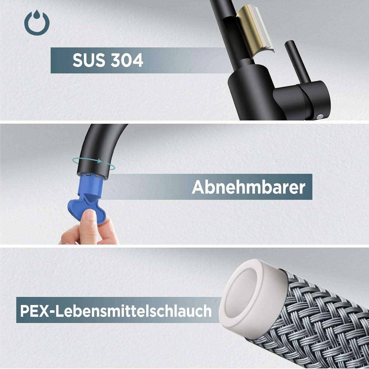 Wasserhahn Küche Schwarz 360° Drehbar Edelstahl Einhebelmischer