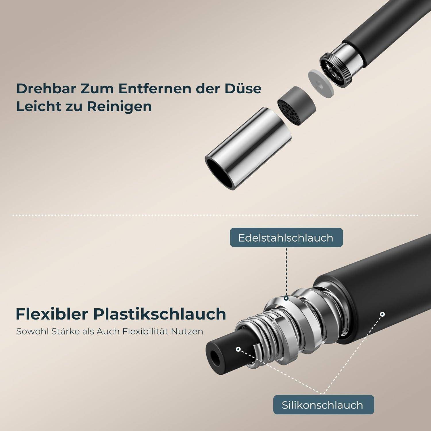 Explosionszeichnung eines ausziehbaren Schlauchs: Edelstahl-Schlauch und flexibler Plastikschlauch beschriftet. Merkmale umfassen eine abnehmbare Düse für einfache Reinigung.