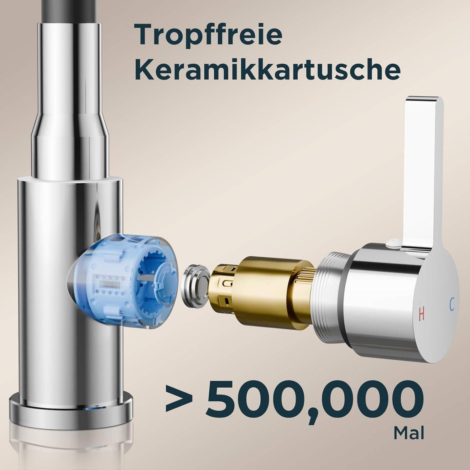 Ein Wasserhahn mit einer tropffreien Keramikkartusche, dargestellt in einer Explosionszeichnung. Text lautet 'Tropffreie Keramikkartusche', und '> 500.000 Mal'.