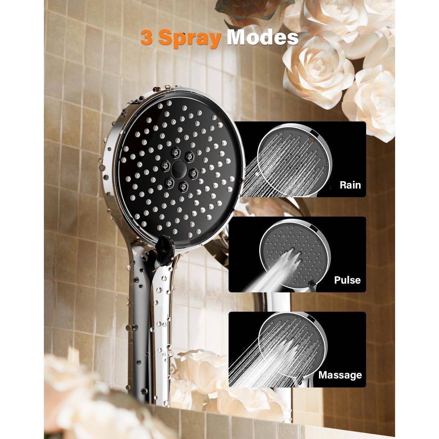 Duschkopf mit Wasserspraymodi: 'Regen', 'Impuls', 'Massage'. Cremefarbene Rosen im Hintergrund.