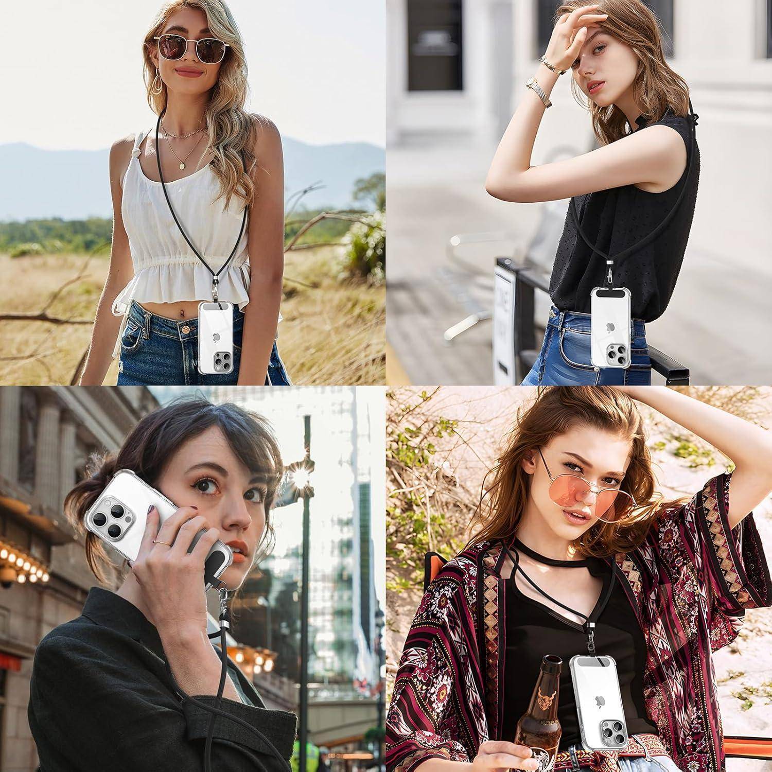 Vier stilvolle Frauen in verschiedenen Außenkulissen, die jeweils eine Smartphone-Umhängetasche tragen oder halten und so Vielseitigkeit und Mode demonstrieren.