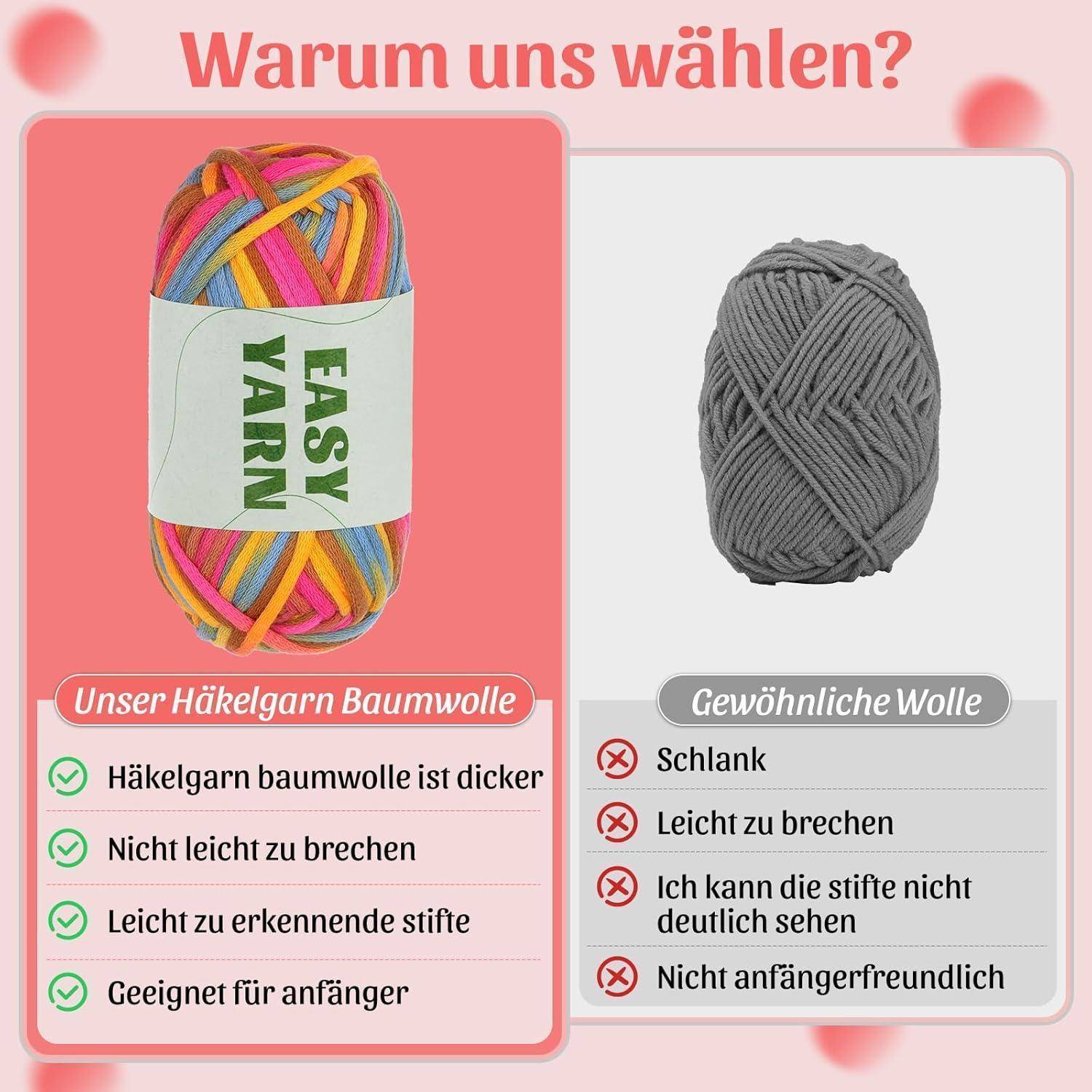 Zwei Garn-Vergleich: Links, 'Unser Häkelgarn' ist bunt, dick, robust, Maschen gut erkennbar, anfängerfreundlich. Rechts, 'Gewöhnliche Wolle' ist dünn, bricht leicht, weniger sichtbar.