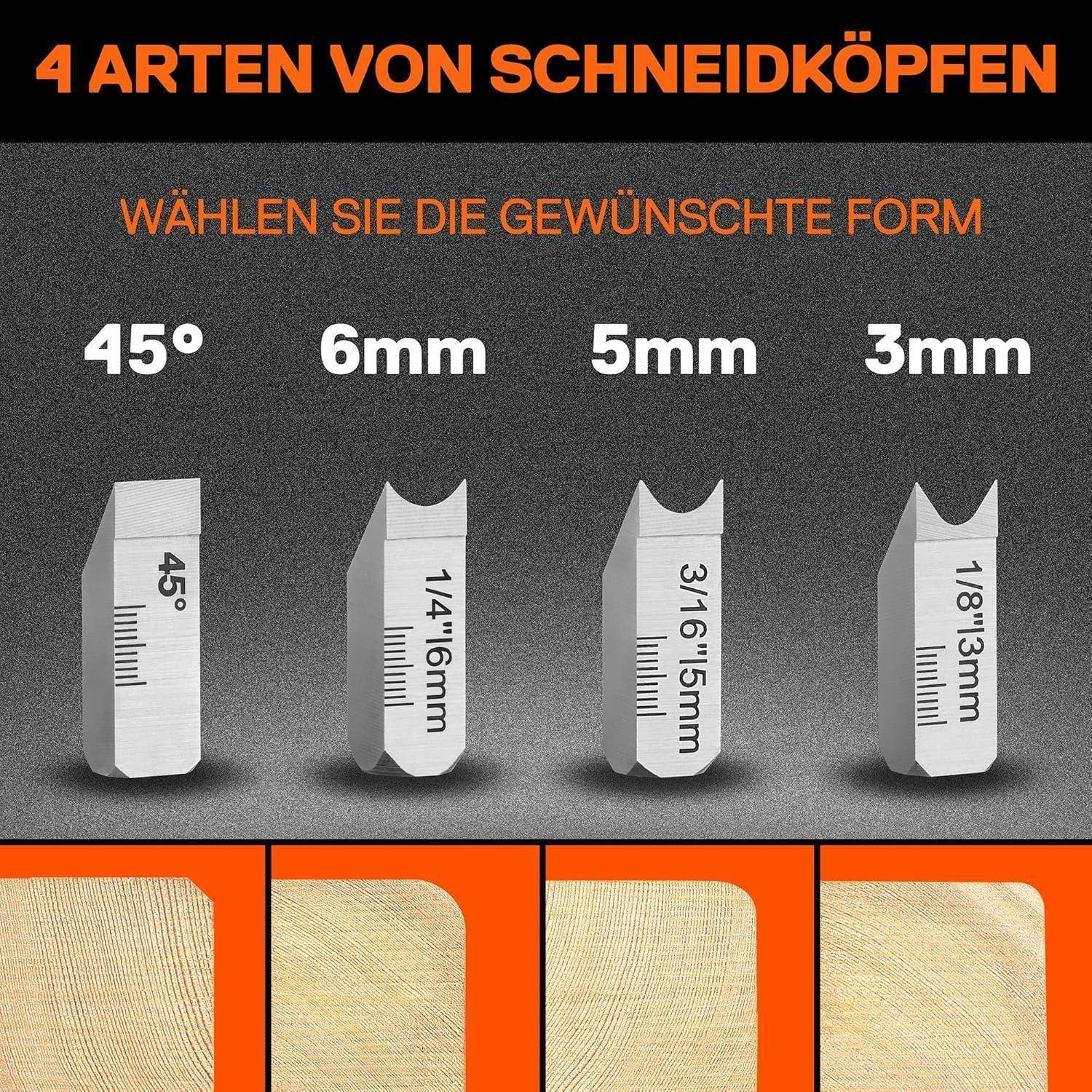 4 Arten von Schneidköpfen.' Vier Metallschneidkopfformen beschriftet: '45°', '6mm', '5mm', '3mm'. Text: 'Wählen Sie die gewünschte Form.