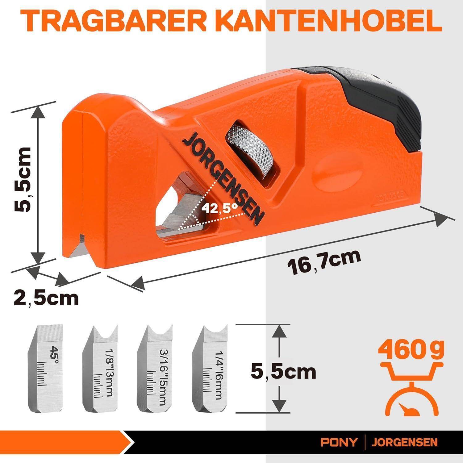 Tragbarer Kantenhobel in Orange, misst 16,7 cm x 5,5 cm x 2,5 cm, wiegt 460 g. Ausgestattet mit auswechselbaren Klingen: 45°, 1/8