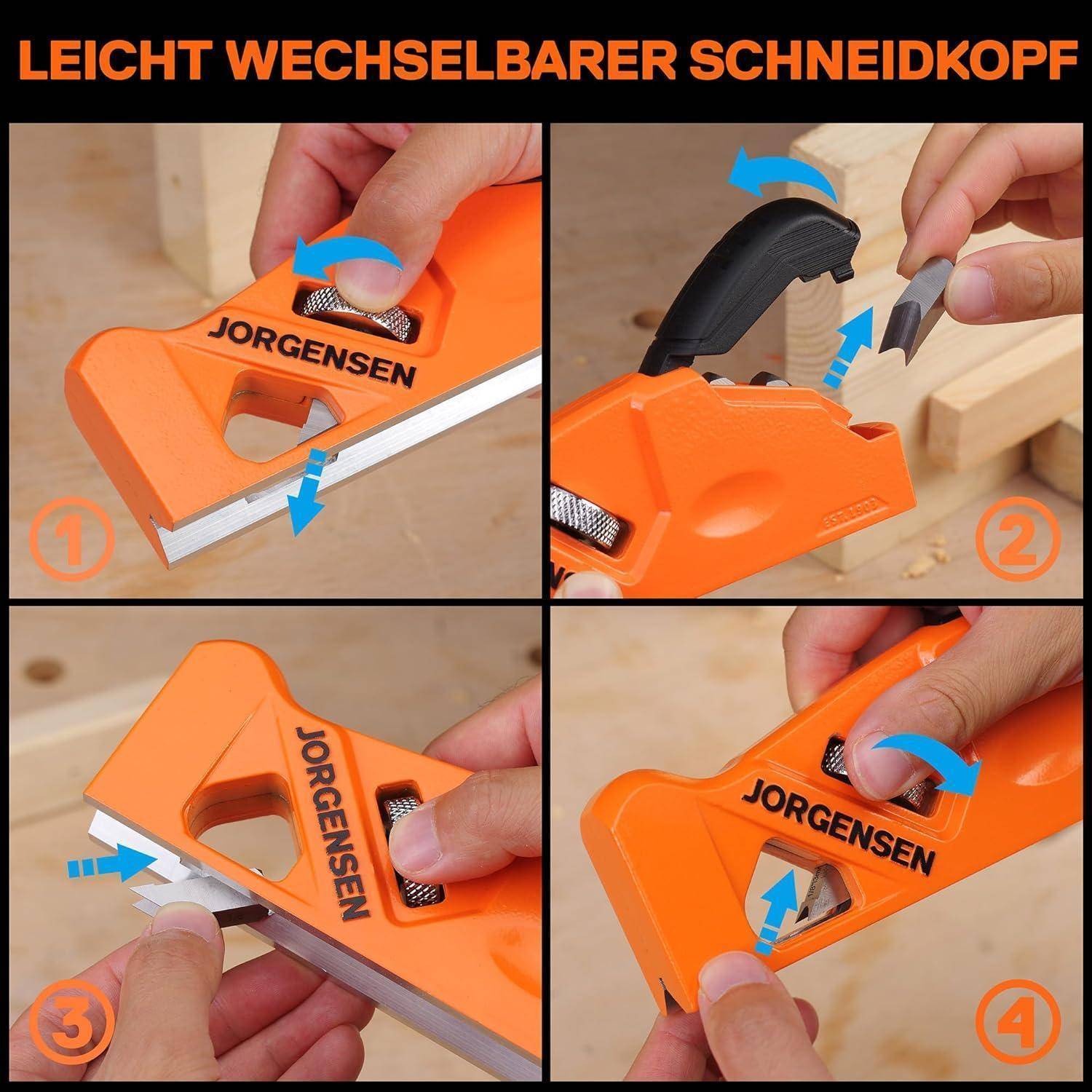 Multifunktionswerkzeug 'Jorgensen' mit auswechselbarem Schneidkopf. Schritte: 1. Entriegeln. 2. Kopf entfernen. 3. Neuen Kopf einsetzen. 4. Verriegeln.