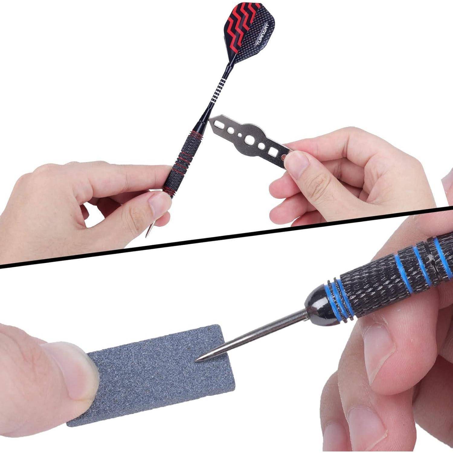 Hände, die das Schärfen eines Sägemessers mit einem kleinen Schleifwerkzeug demonstrieren und eine effektive Technik veranschaulichen.