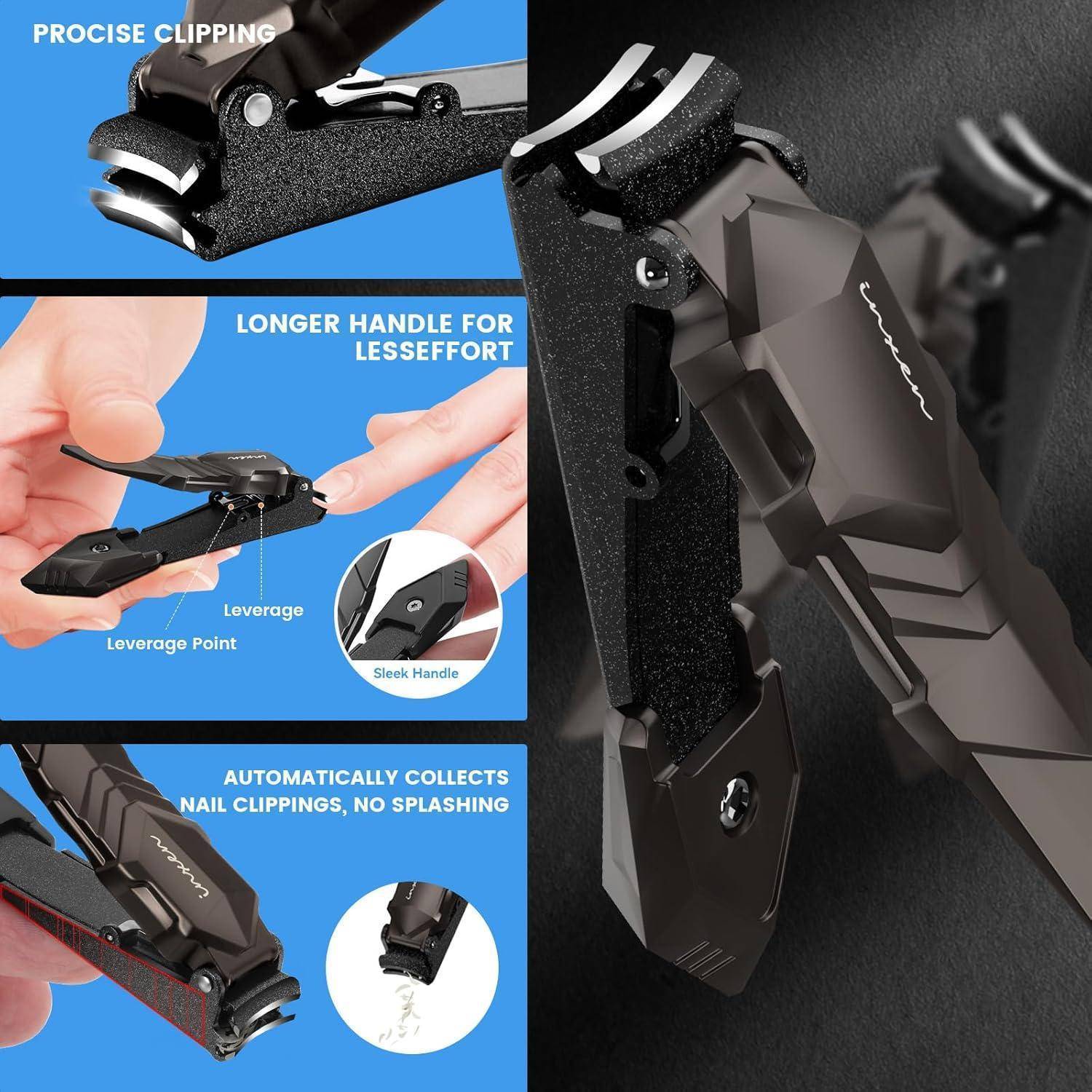 Nagelknipser-Funktionen: präzises Schneiden, längerer Griff für weniger Kraftaufwand, automatische Clipsammlung. Schwarzes, schlankes Design mit Hebel.