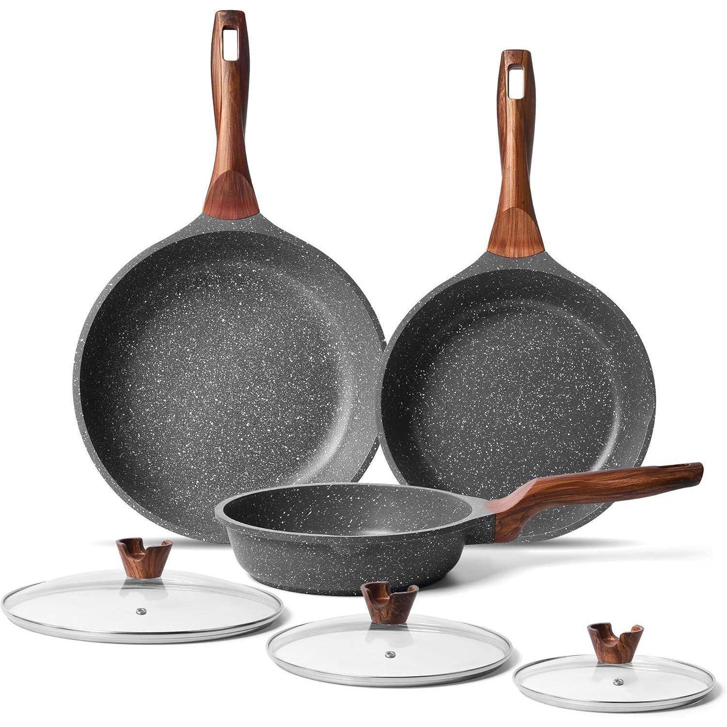 Antihaft Bratpfannen Set 20 24 28 cm mit Deckeln & Granitbeschichtung