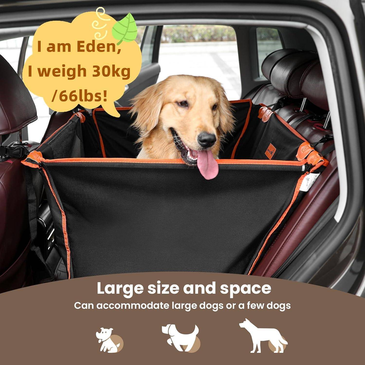 Ein fröhlicher Hund sitzt auf einem Autositzbezug mit dem Text 'Ich bin Eden, ich wiege 30kg/66lbs'. Der Sitzbezug ist für große Hunde geeignet.