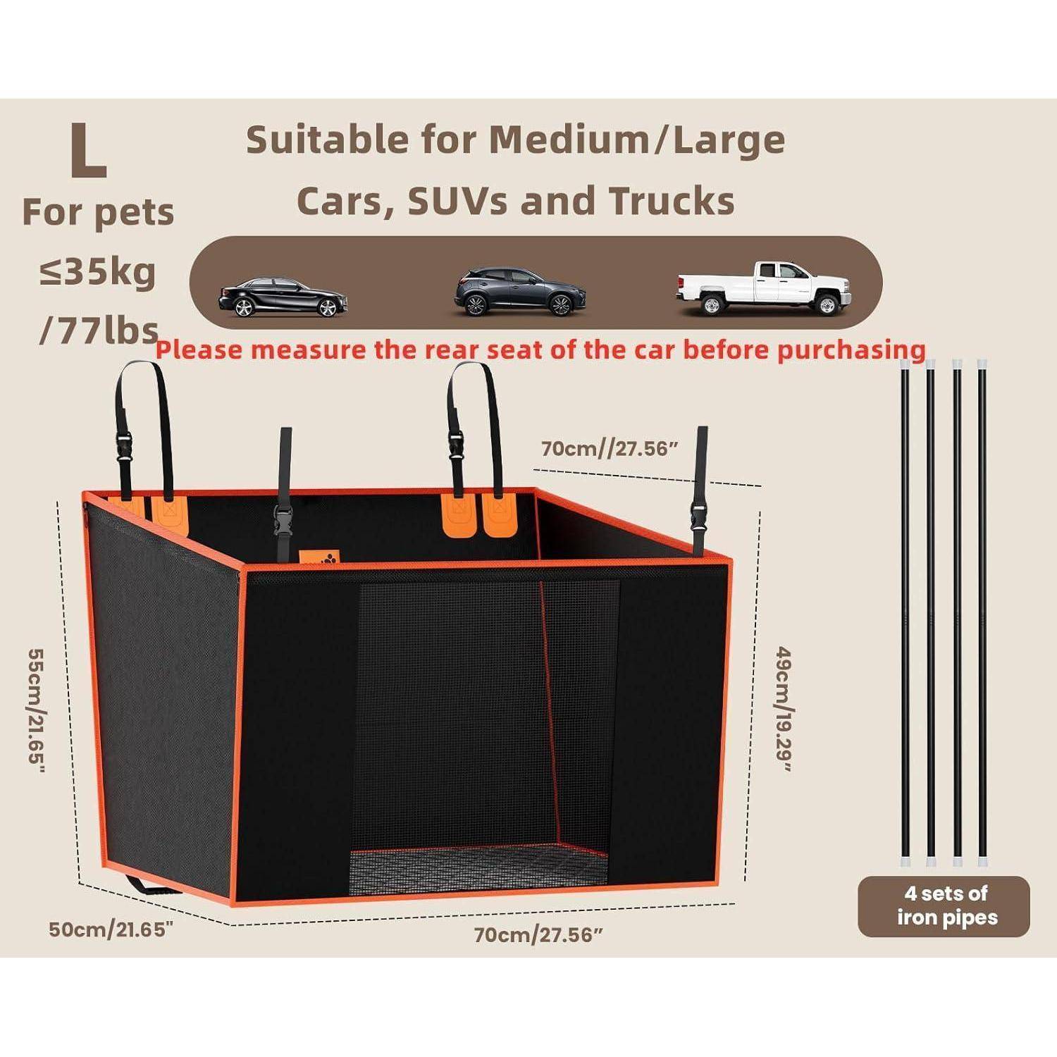 Autositzbezug für Haustiere für mittelgroße/große Autos, SUVs, Lastwagen; unterstützt Haustiere bis zu 35 kg/77 lbs. Inklusive Größenangaben und Eisenrohren.