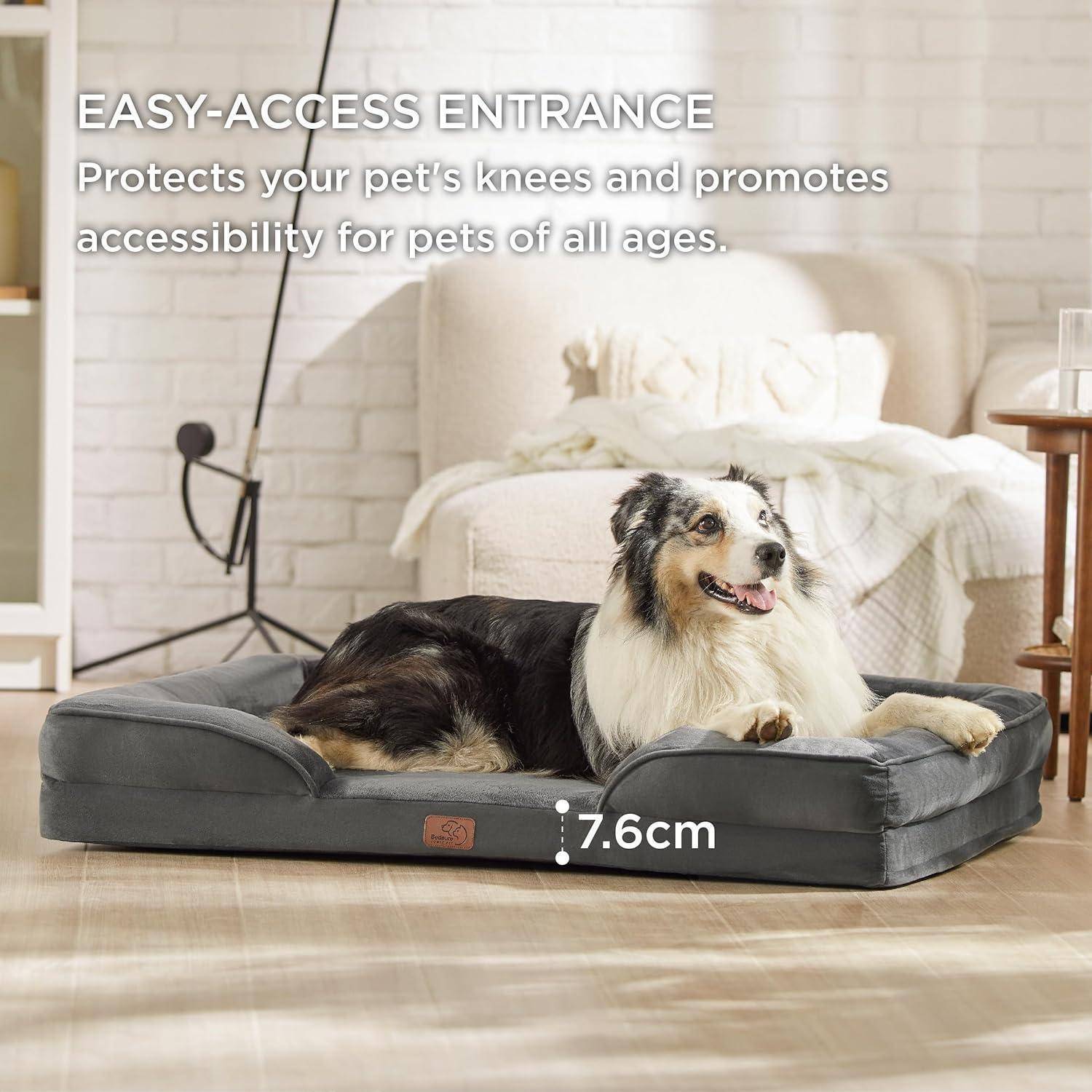 Hund auf einem Bett mit Beschriftung: 