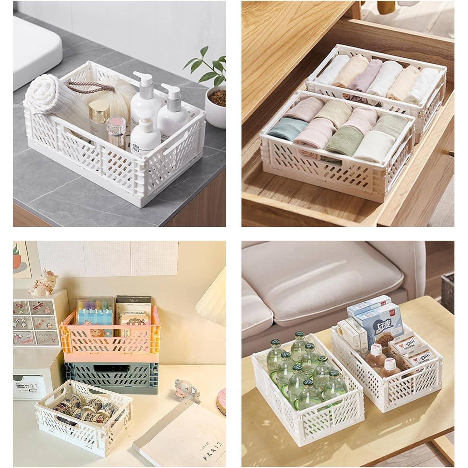 Vier Bilder zeigen organisierte Aufbewahrungskörbe in verschiedenen Umgebungen: Badezimmer mit Toilettenartikeln, Schublade mit Handtüchern, Schreibtisch mit Bürobedarf, Wohnzimmer mit Getränken und Snacks.