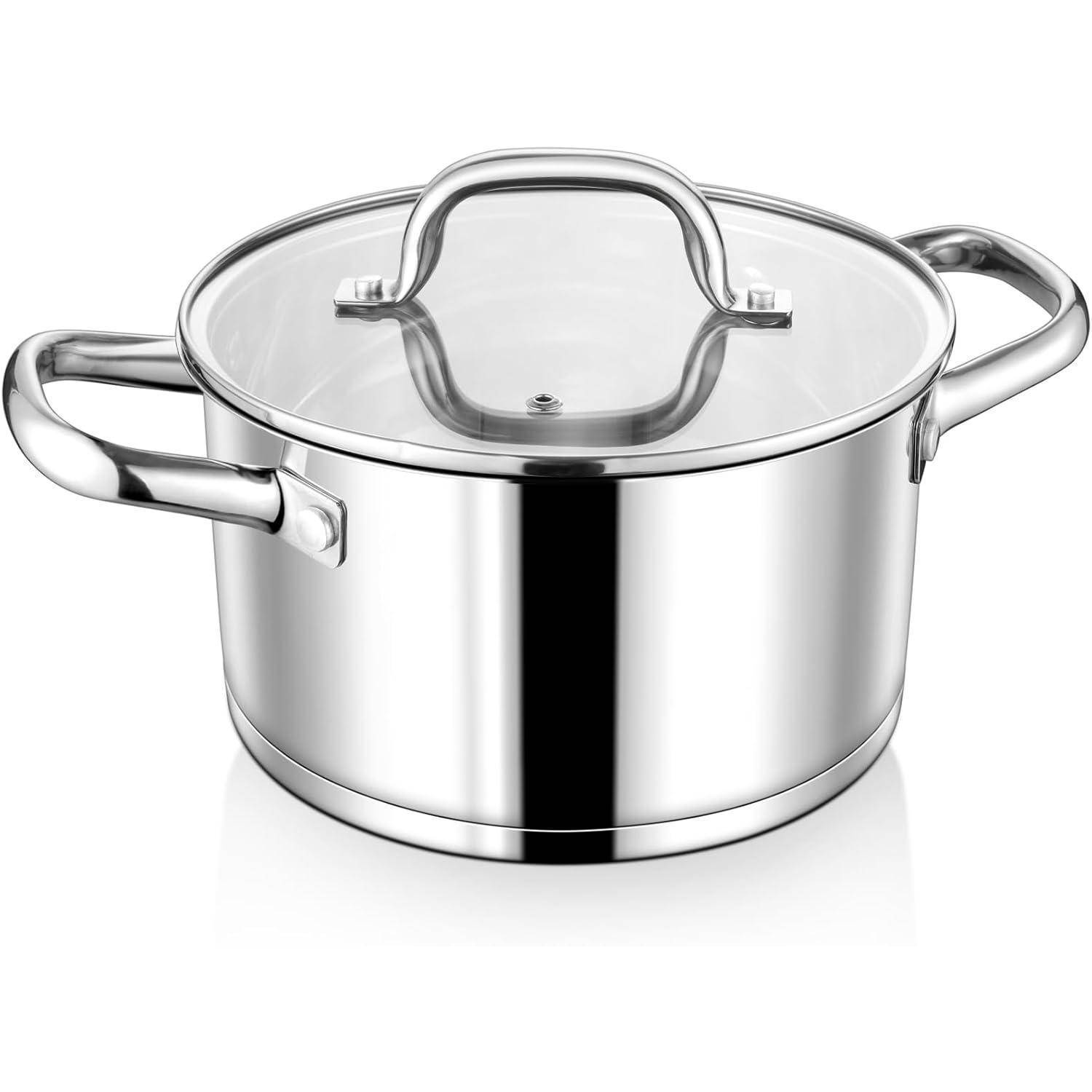 Kochtopf 20cm Edelstahl Nudeltopf mit Glasdeckel 3,8L 3-Lagen Böden
