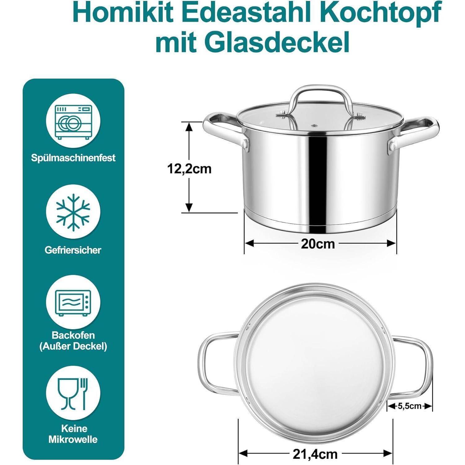 Kochtopf 20cm Edelstahl Nudeltopf mit Glasdeckel 3,8L 3-Lagen Böden