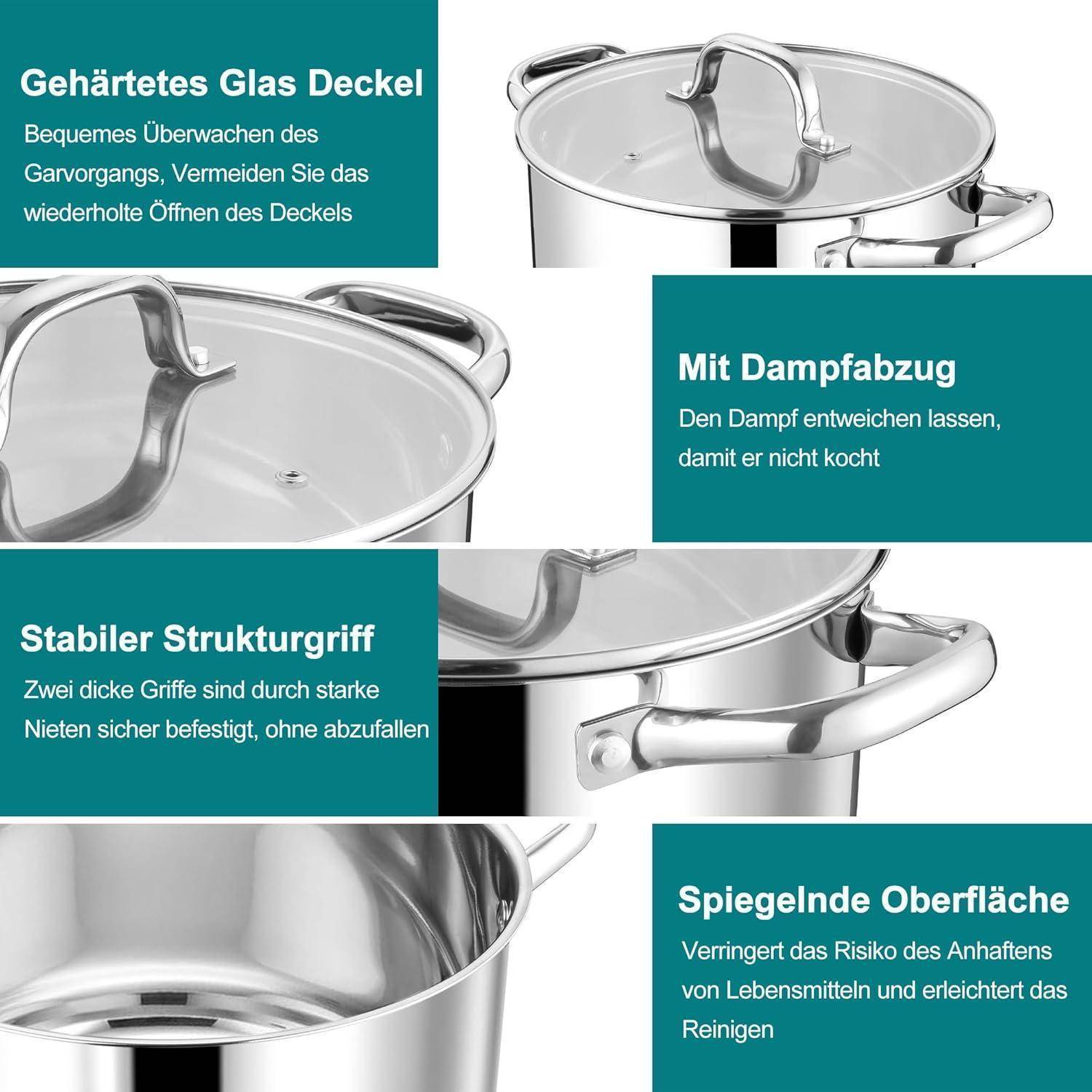Kochtopf 20cm Edelstahl Nudeltopf mit Glasdeckel 3,8L 3-Lagen Böden