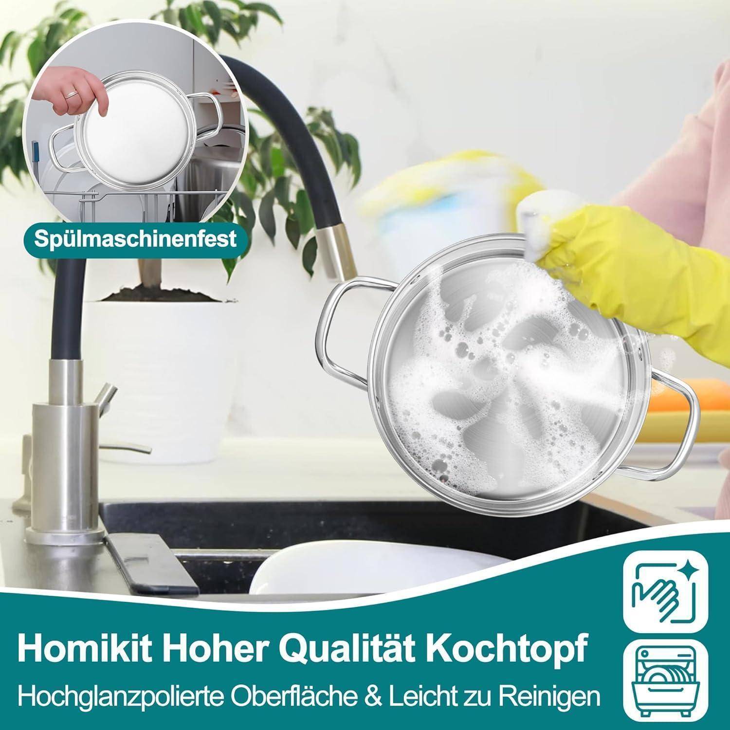 Kochtopf 20cm Edelstahl Nudeltopf mit Glasdeckel 3,8L 3-Lagen Böden