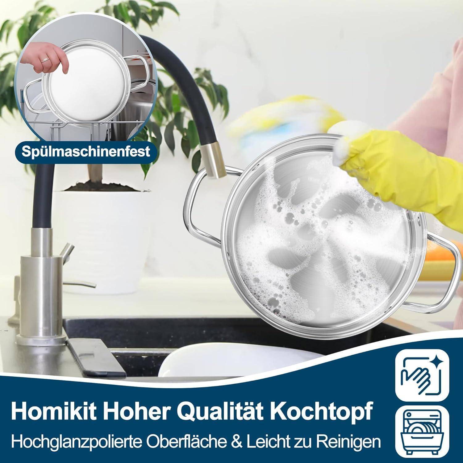 Eine Person in gelben Handschuhen, die einen Topf mit Schaum unter einem Wasserhahn abwäscht. Text lautet 'Spülmaschinenfest' und 'Homikit Hoher Qualität Kochtopf'.