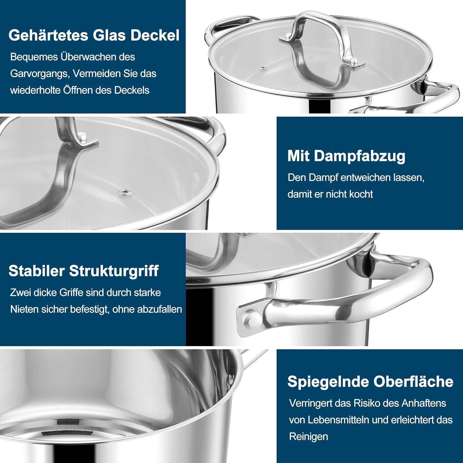 Edelstahl-Topfset mit Deckel aus Glas, Dampfablassventil, stabilen Griffen und reflektierender Oberfläche. Ideal für vielseitiges Kochen und professionelle Zubereitung. Die hochwertige Konstruktion garantiert gleichmäßige Wärmeverteiling und optimale Kochergebnisse. Der Glasdeckel mit integriertem Dampfablassventil ermöglicht präzise Kontrolle während des Kochvorgangs. Die robusten Griffe sorgen für sicheren und komfortablen Halt. Die spiegelnde Edelstahloberfläche ist nicht nur ästhetisch ansprechend, sondern auch äußerst praktisch und langlebig. Perfekt für moderne Küchen und anspruchsvolle Hobbyköche.