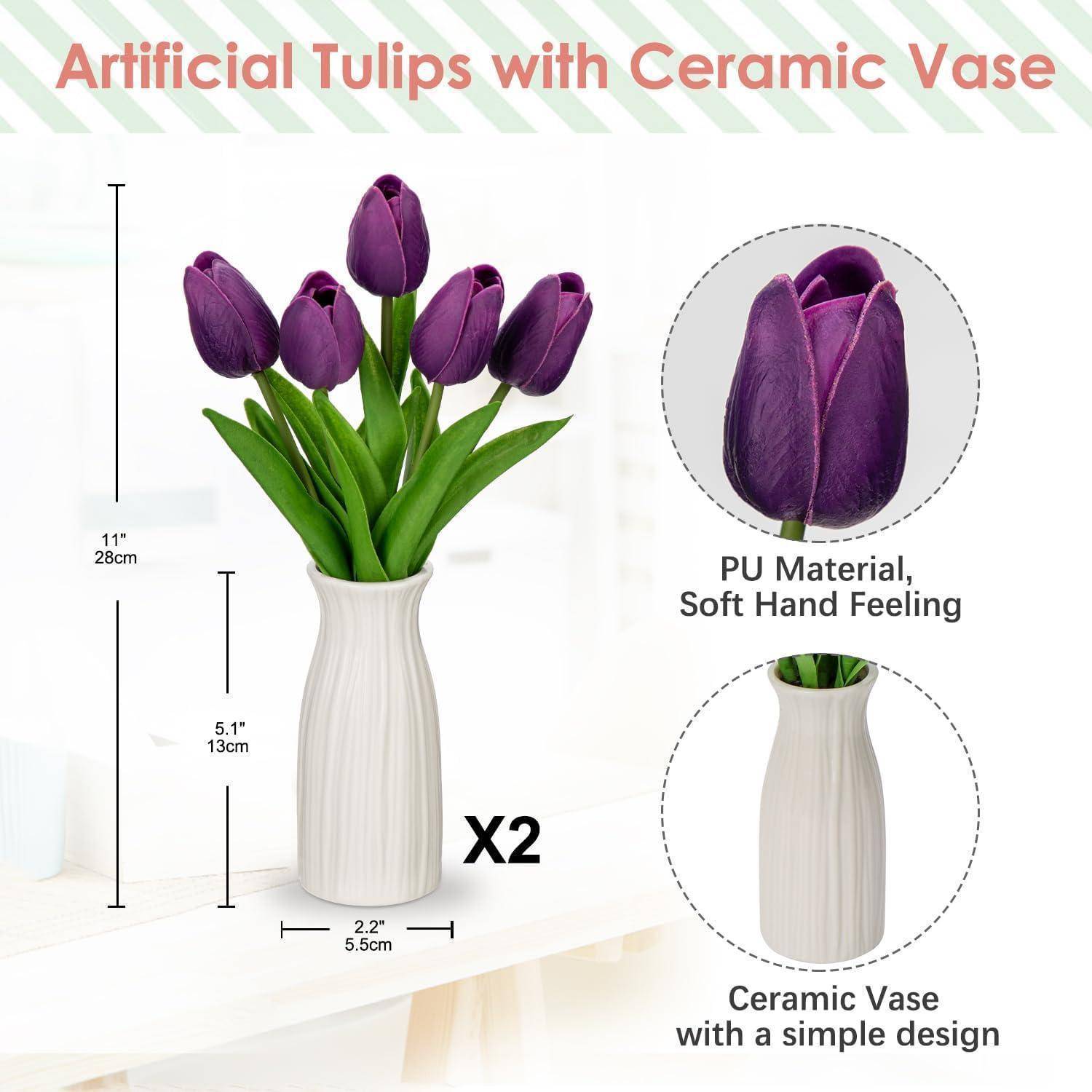 Künstliche Tulpen in einer Keramikvase" zeigt lila Tulpen in einer weißen Vase, Abmessungen 28 cm hoch, 13 cm breit, aus weichem Material, schlichtes Design.