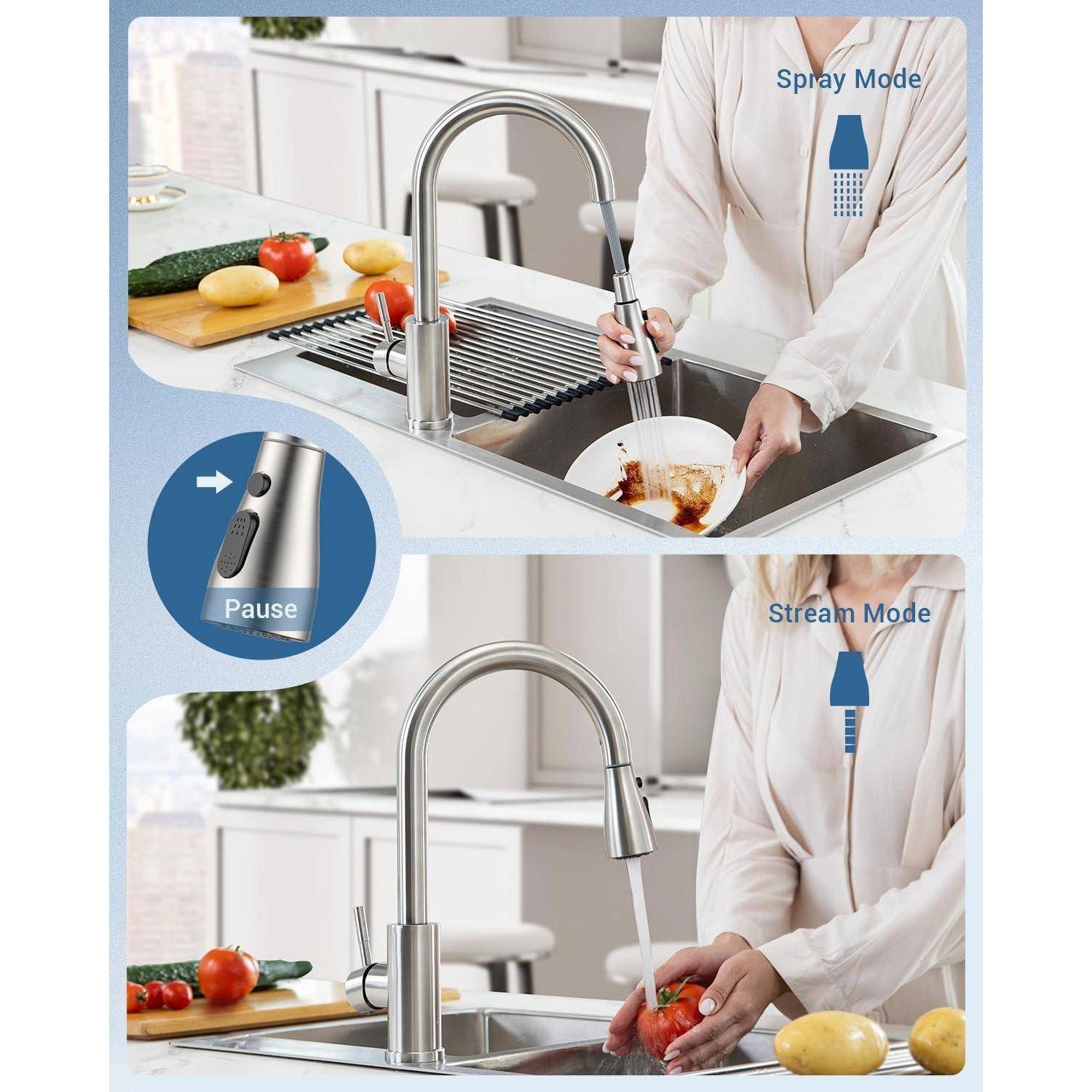 Bild eines Küchenwaschbeckens-Wasserhahns in zwei Modi: Oben ist der Sprühmodus zu sehen, der Früchte in einem Sieb abspült, unten der Strahlmodus beim Füllen eines Topfes.