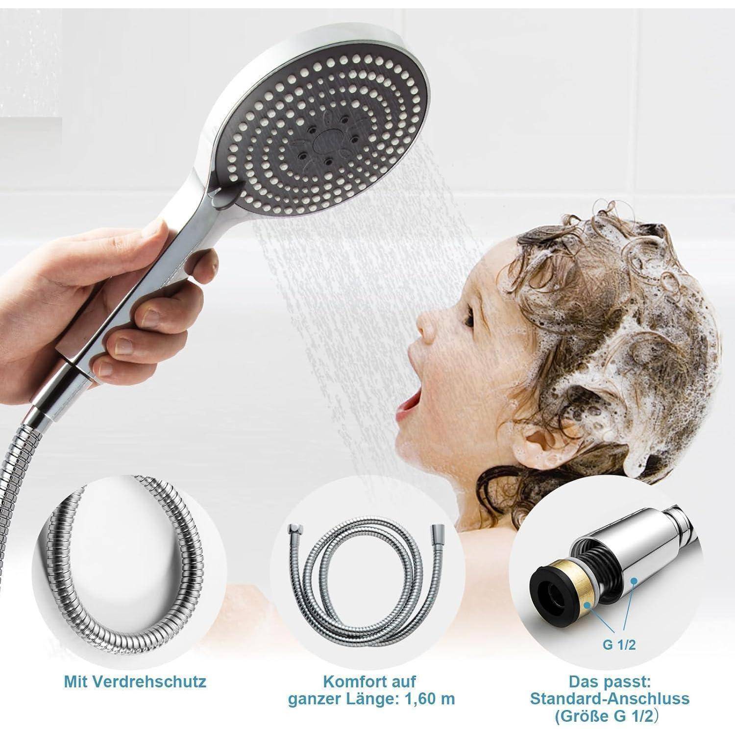 Eine Duschbrause spritzt Wasser auf ein Kind in einer Badewanne. Eingesetzte Bilder zeigen einen Schlauch, eine Dichtung und die Beschreibung „Mit Verdrehschutz