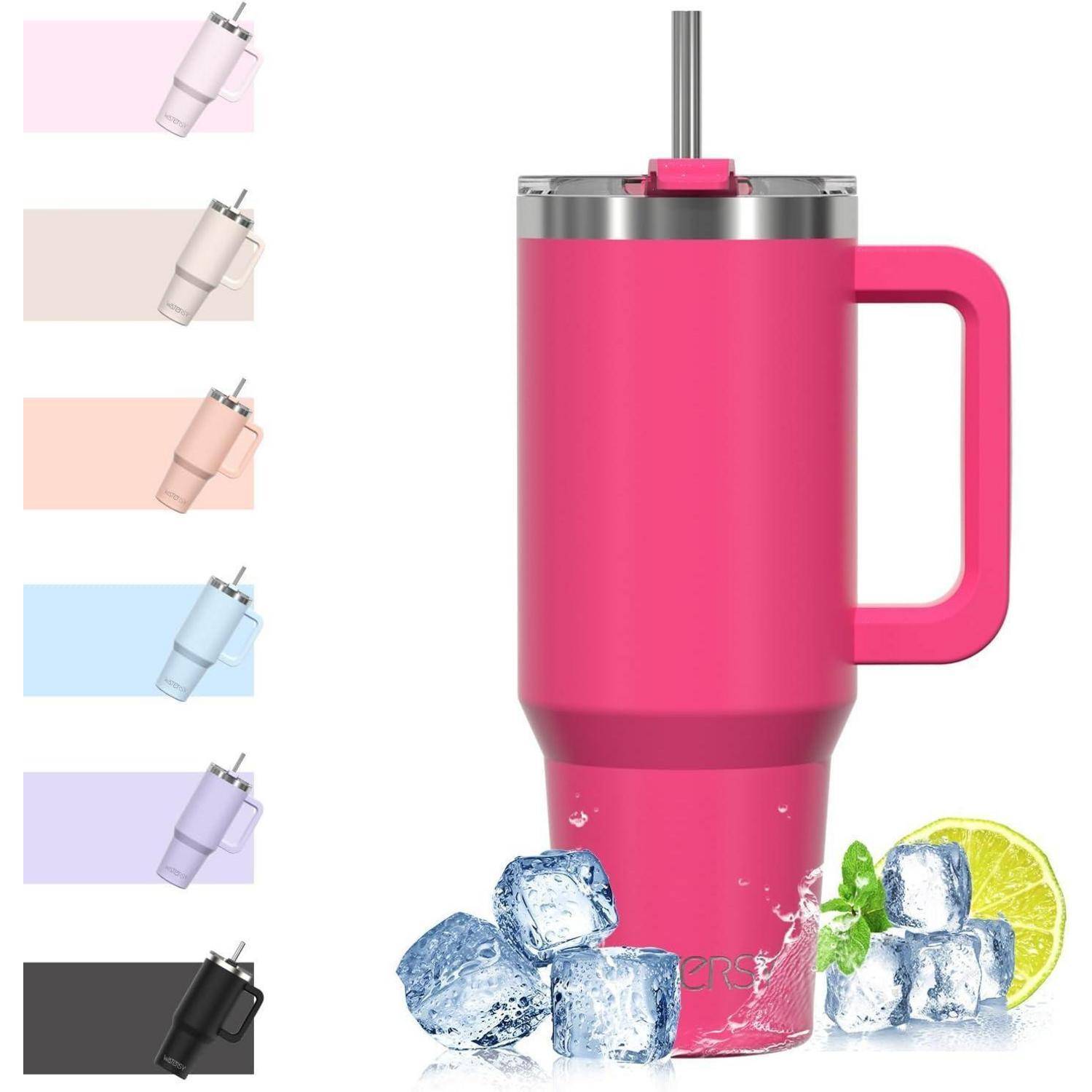 Ein rosa Trinkbecher mit Griff und Strohhalm, umgeben von Eiswürfeln, Limette und Minze. Er ist in fünf zusätzlichen Farben auf der linken Seite erhältlich.