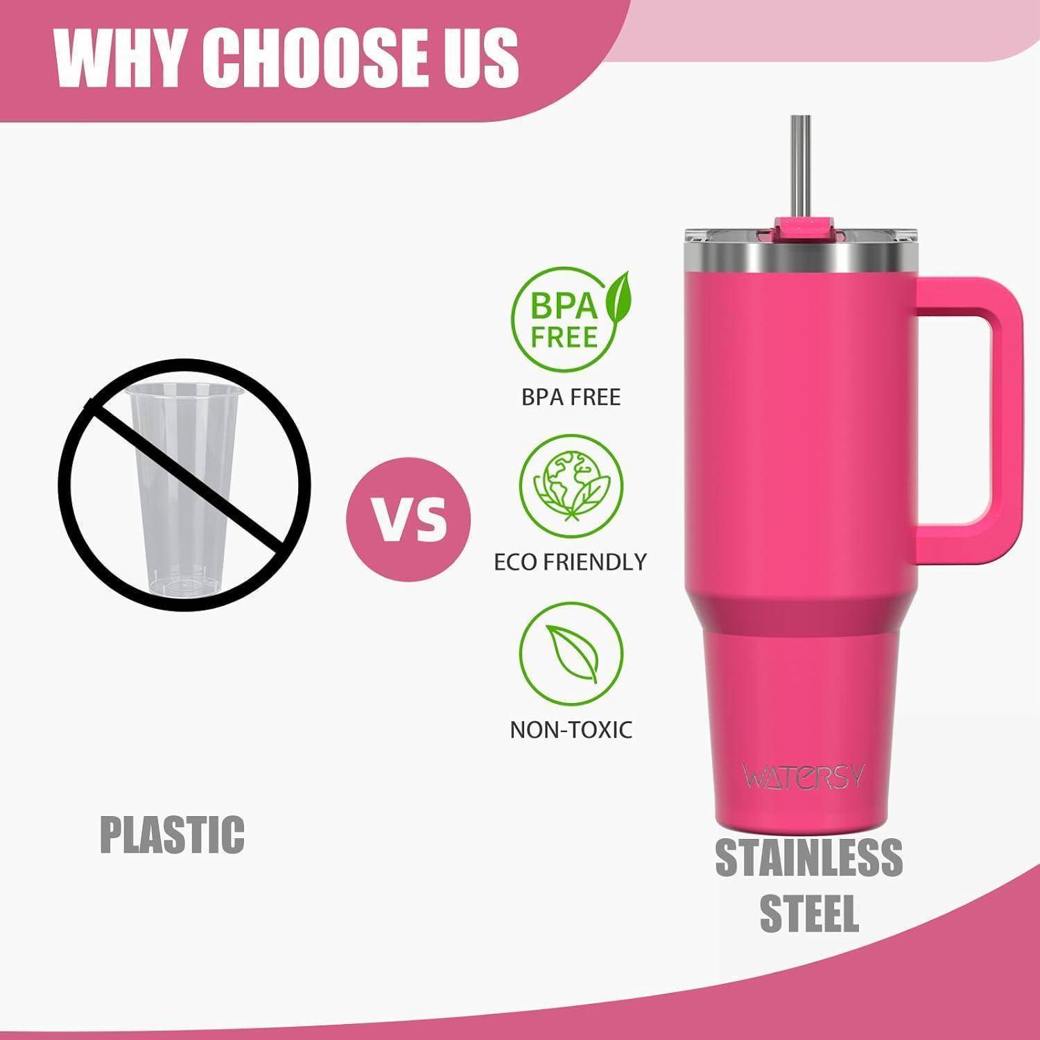 Vergleich zwischen Plastikbecher und Edelstahl-Tumbler. Text zeigt: Edelstahl ist 'BPA-frei', 'umweltfreundlich' und 'nicht giftig'.