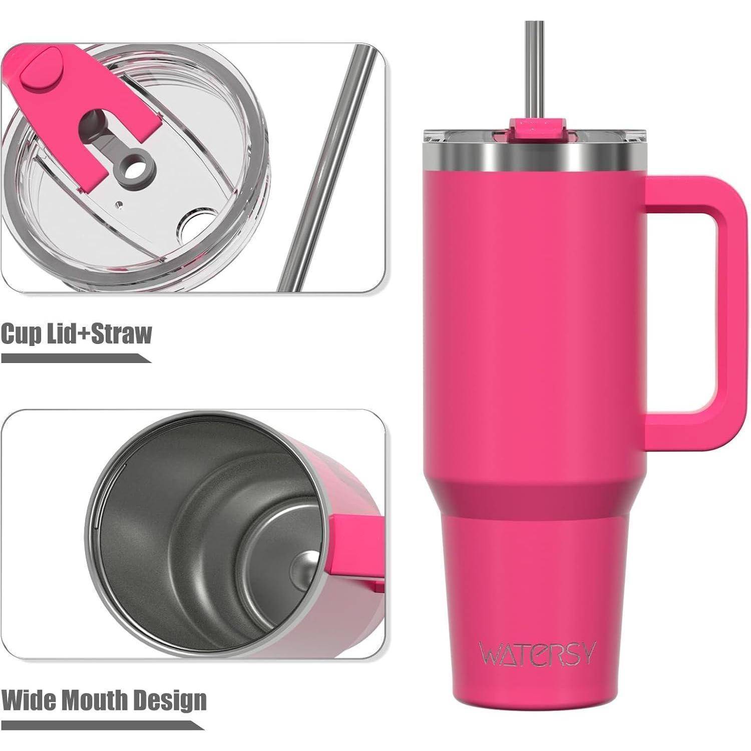 Rosa Reisebecher mit Henkel, ausgestattet mit einem Deckel mit Strohhalm und einem breiten Mündungsdesign.