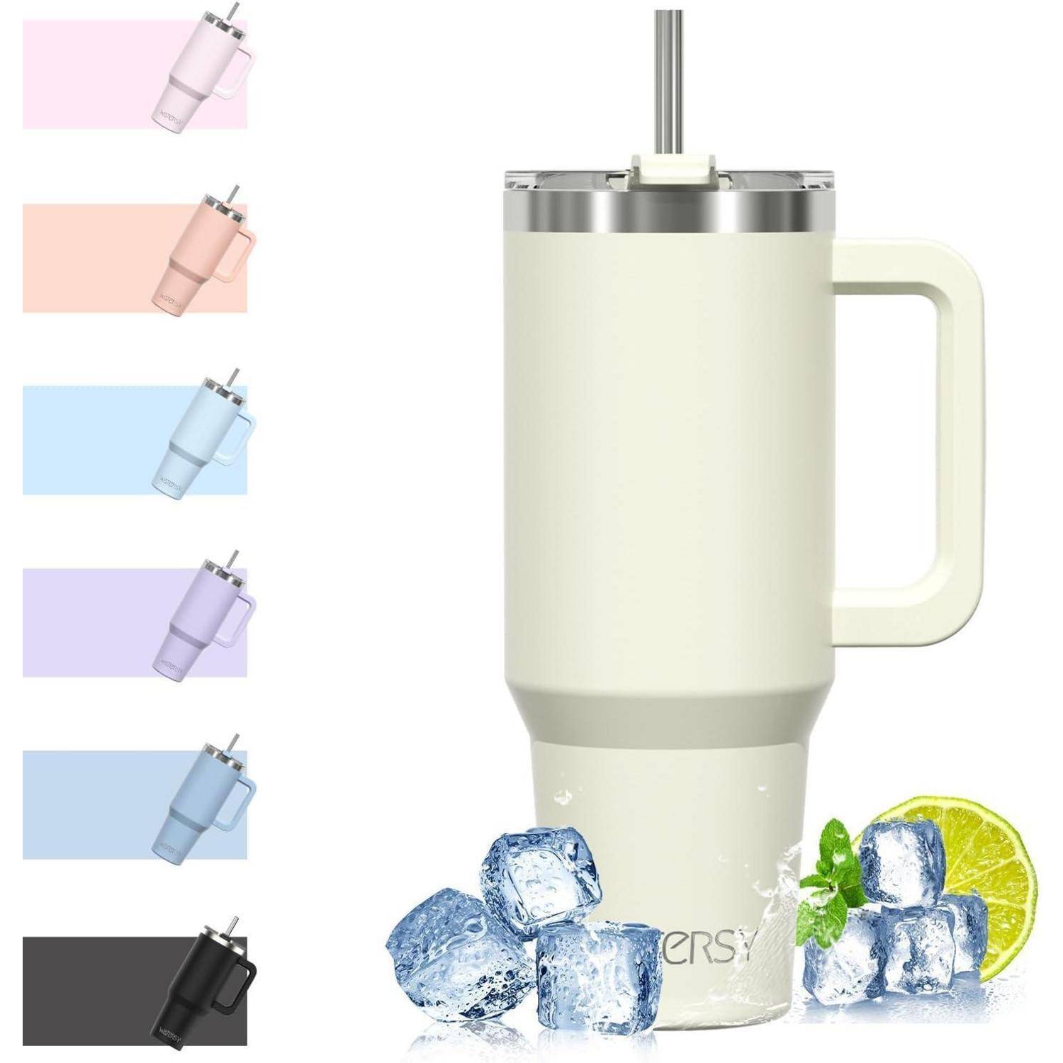 Ein Reisebecher mit Henkel, Strohhalm und Eiskuben am Fuß. Erhältlich in Weiß, Rosa, Beige, Blau, Lila und Schwarz.