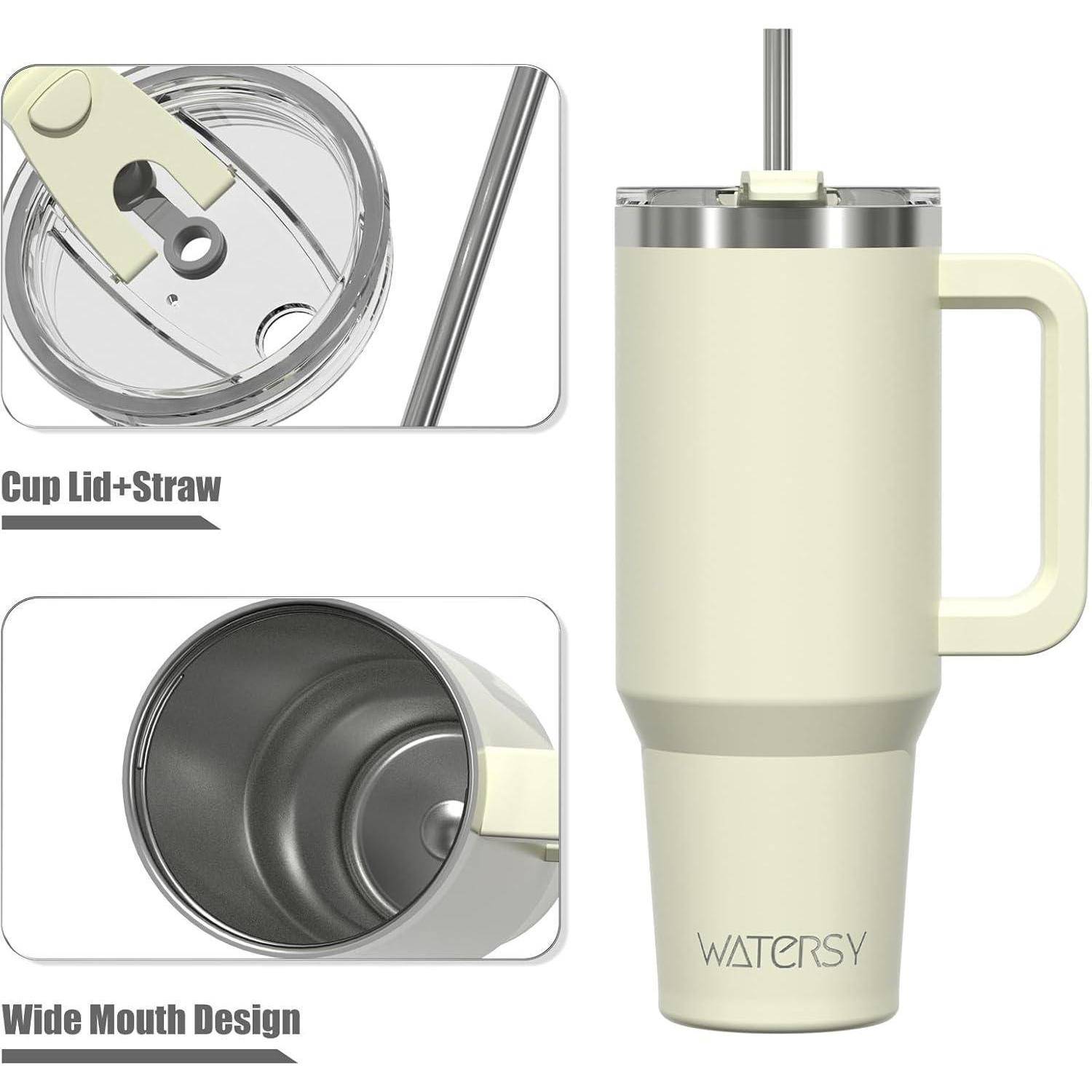 Isolierter Becher mit Strohhalm und Deckel, ausgestattet mit einer breiten Öffnung. Die Marke 'WATERSY' ist auf dem Becher abgebildet.
