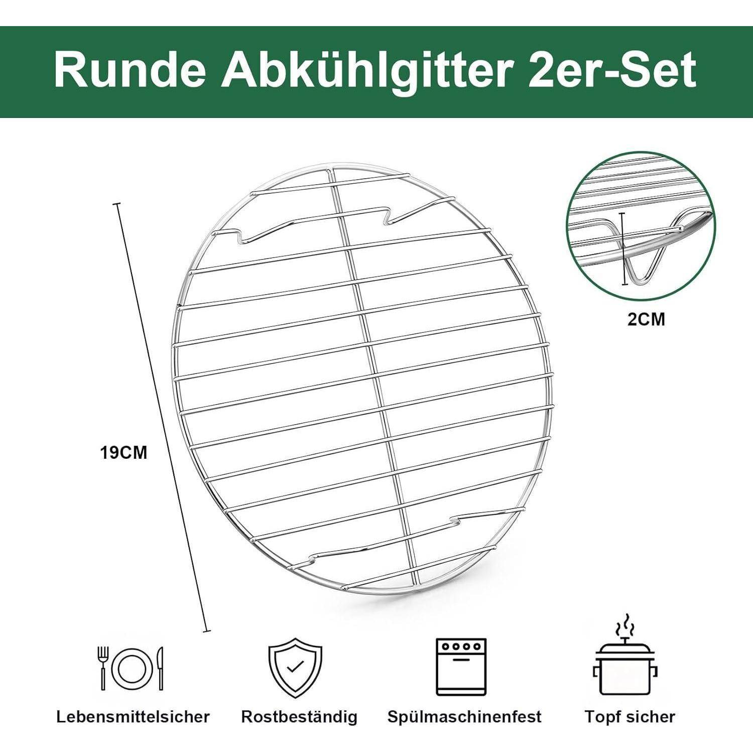 Rundes Kühlofen-Set mit zwei Stücken, mit einem Durchmesser von 19 cm und einer Höhe von 2 cm. Mit Symbolen gekennzeichnet, die belegen, dass es lebensmittelecht, rostfrei, geschirrspülmaschinengeeignet und topffest ist.