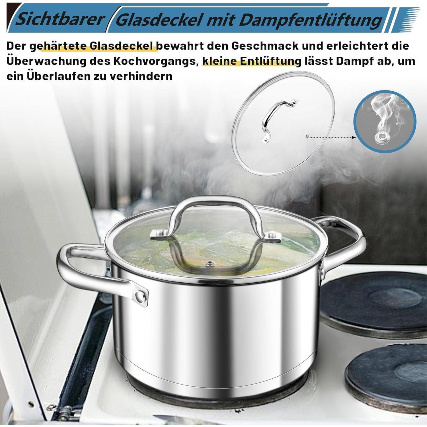 Ein Metallkochtopf mit einem Glasdeckel auf einem Herd. Der Text hebt die Dampfablassöffnung des Deckels hervor, die zum Überwachen und Verhindern von Überkochens dient.