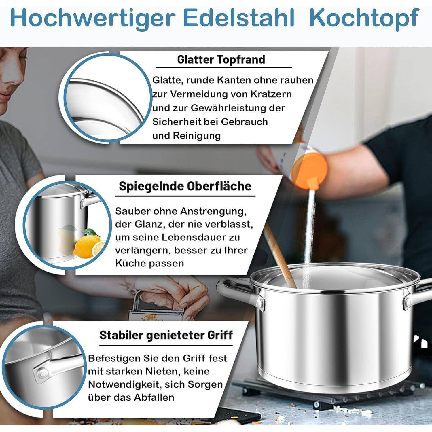 Ein hochwertiger Edelstahlkochtopf mit Eigenschaften: glatter, abgerundeter Rand für einfache Handhabung und Reinigung; spiegelähnliche Oberfläche für Langlebigkeit; stabil genieteter Griff für sicheren Halt.