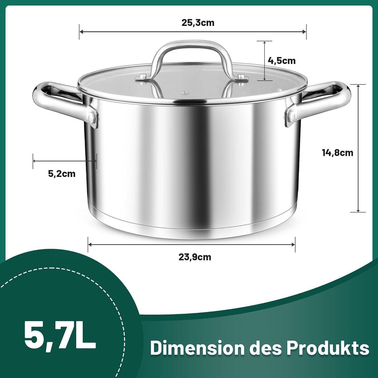 Großer Induktions-Kochtopf 24cm 5,7L Edelstahl mit Glasdeckel