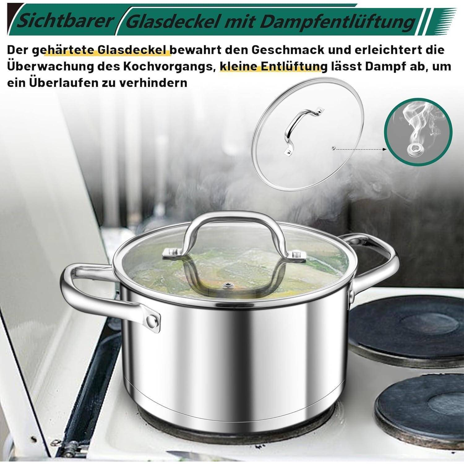 Großer Induktions-Kochtopf 24cm 5,7L Edelstahl mit Glasdeckel
